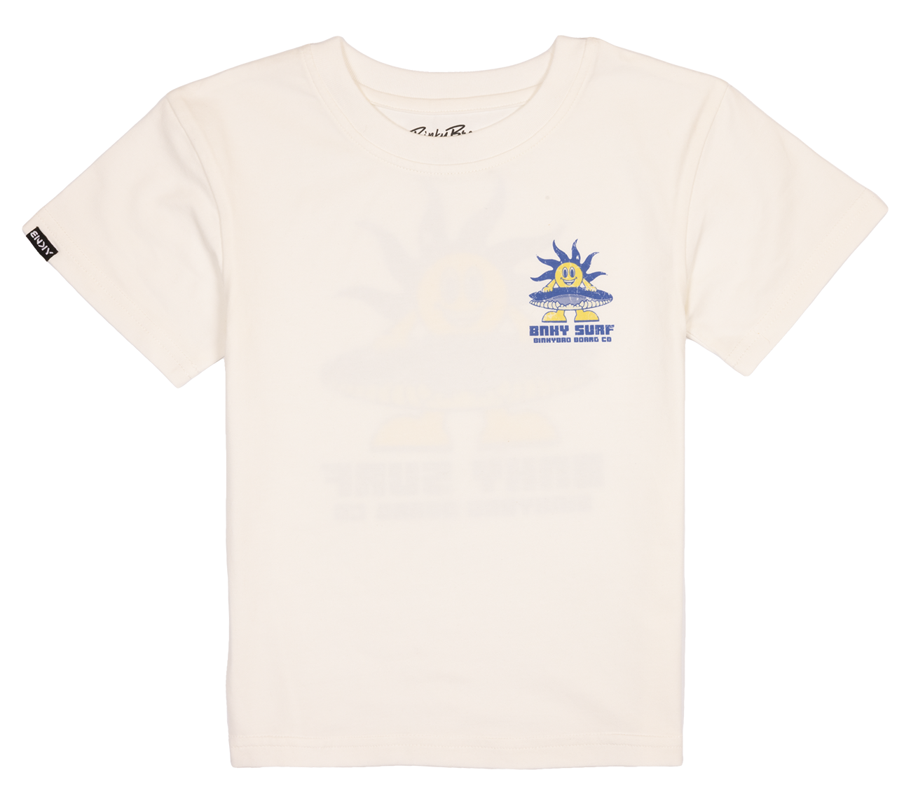 White youth t-shirt featuring a colorful sun graphic with the text "Fiesta Del Sol" for a stylish surf-inspired look.