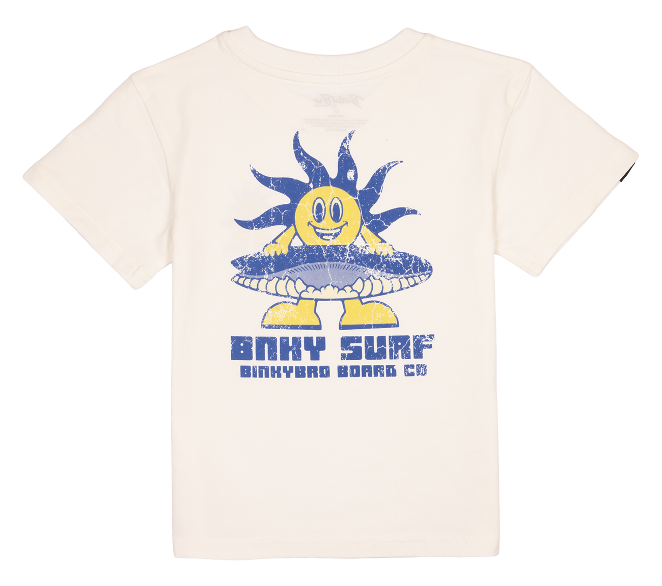 White toddler t-shirt featuring a colorful sun character with a surfboard, promoting a fun, beach-inspired vibe.