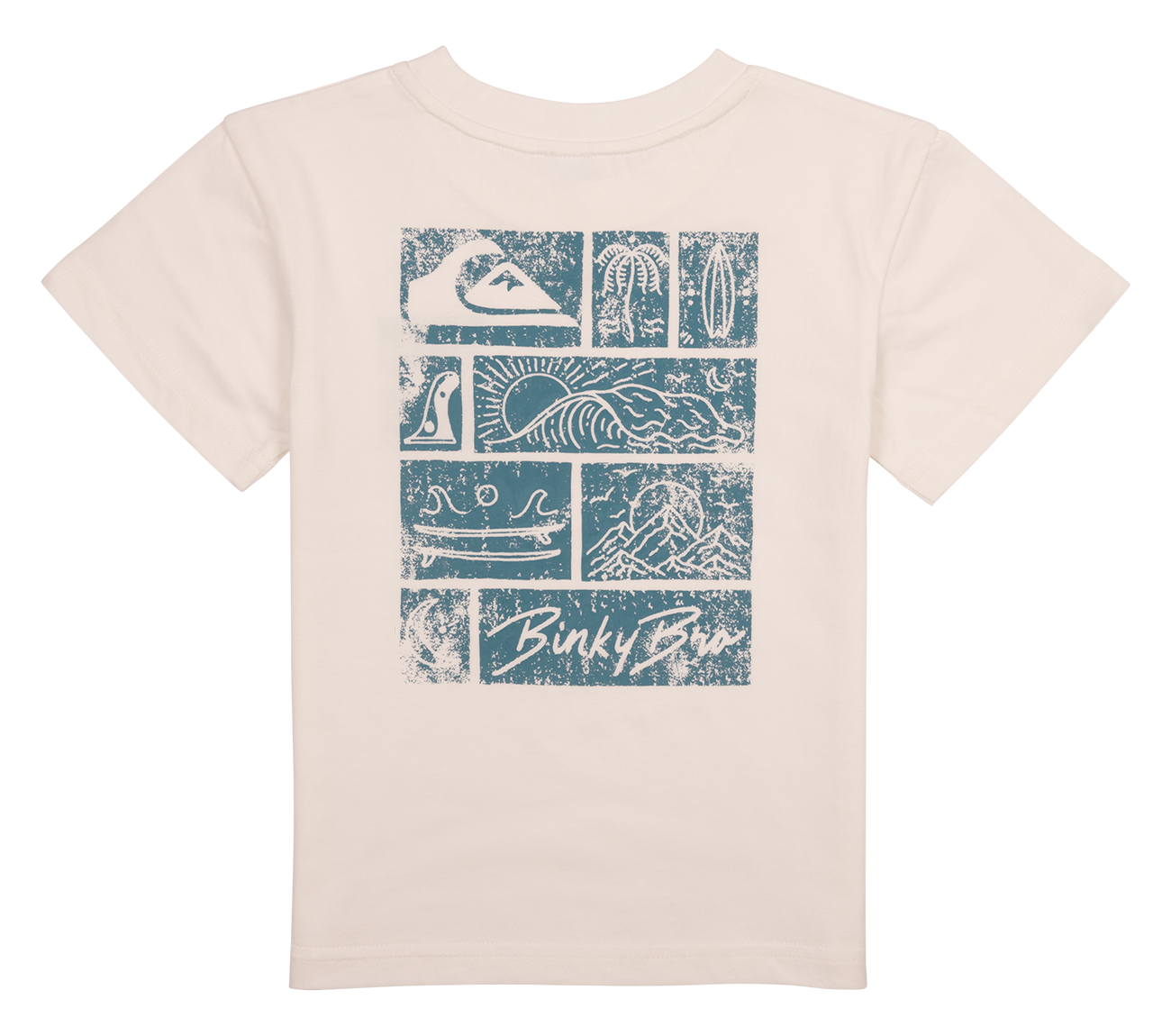 Cream toddler t-shirt featuring a collage of surf and skate-inspired sketches in blue, with BinkyBro logo.
