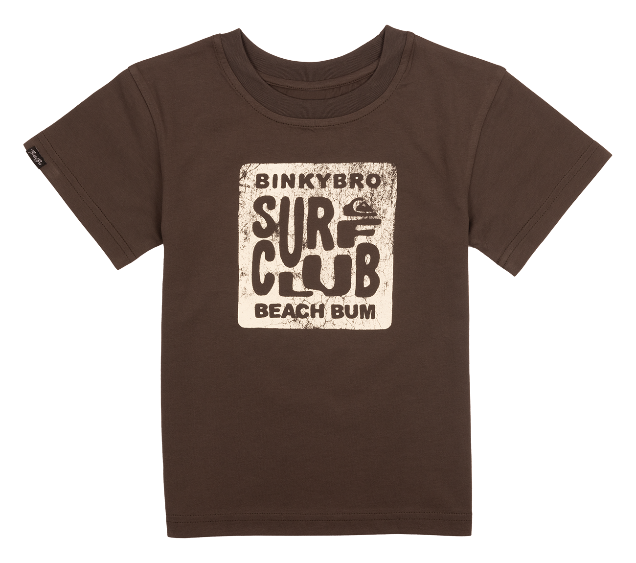 Brown toddler t-shirt featuring a retro-style graphic that reads "BinkyBro Surf Club Beach Bum," perfect for young surf enthusiasts.