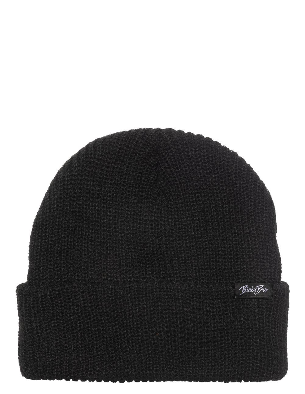 Black knit beanie hat with a folded cuff and a small BinkyBro logo tag, designed for infants and toddlers.
