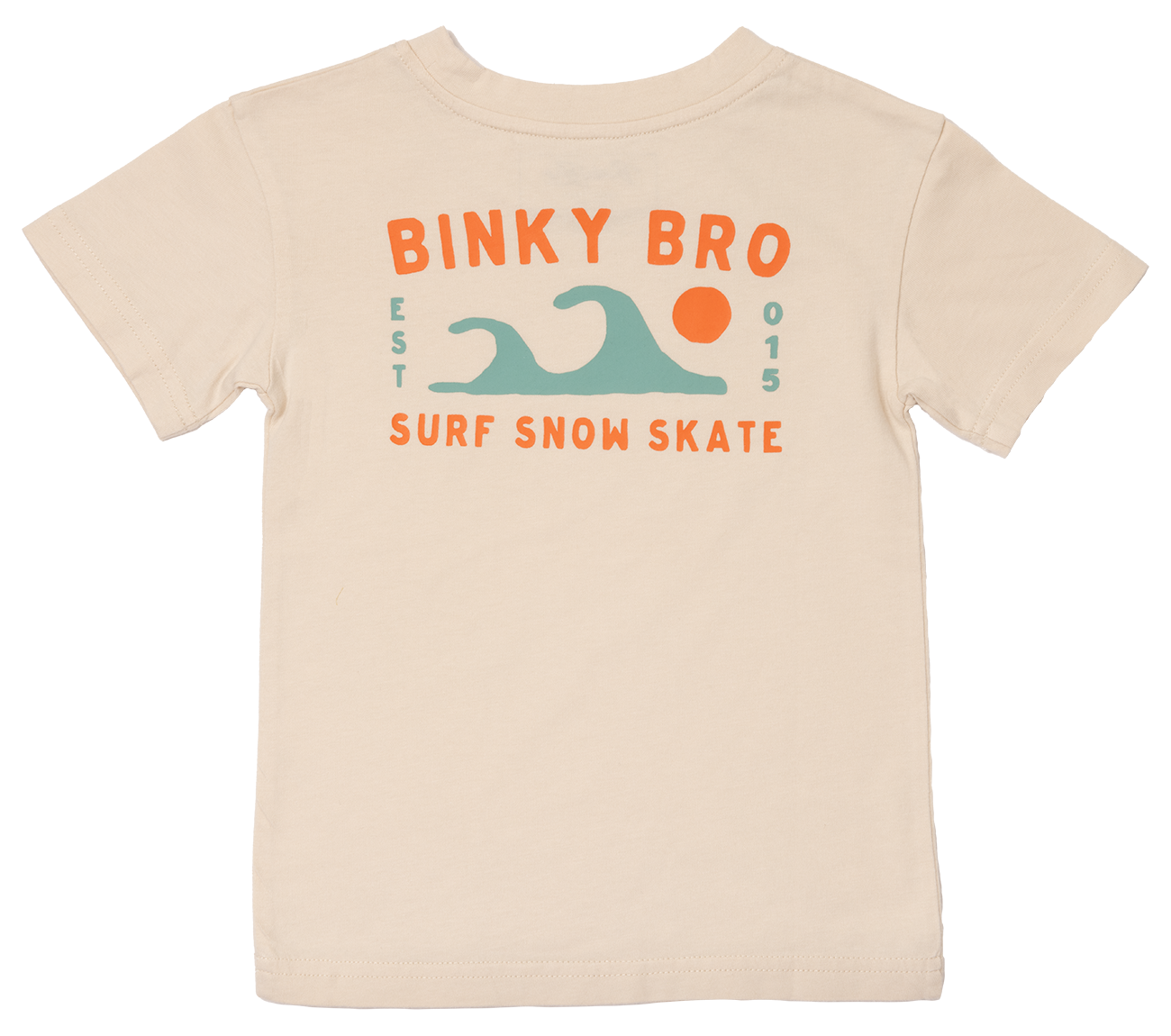 Light beige Siberut T-Shirt featuring colorful surf-inspired graphics and the Binky Bro logo, perfect for active kids.
