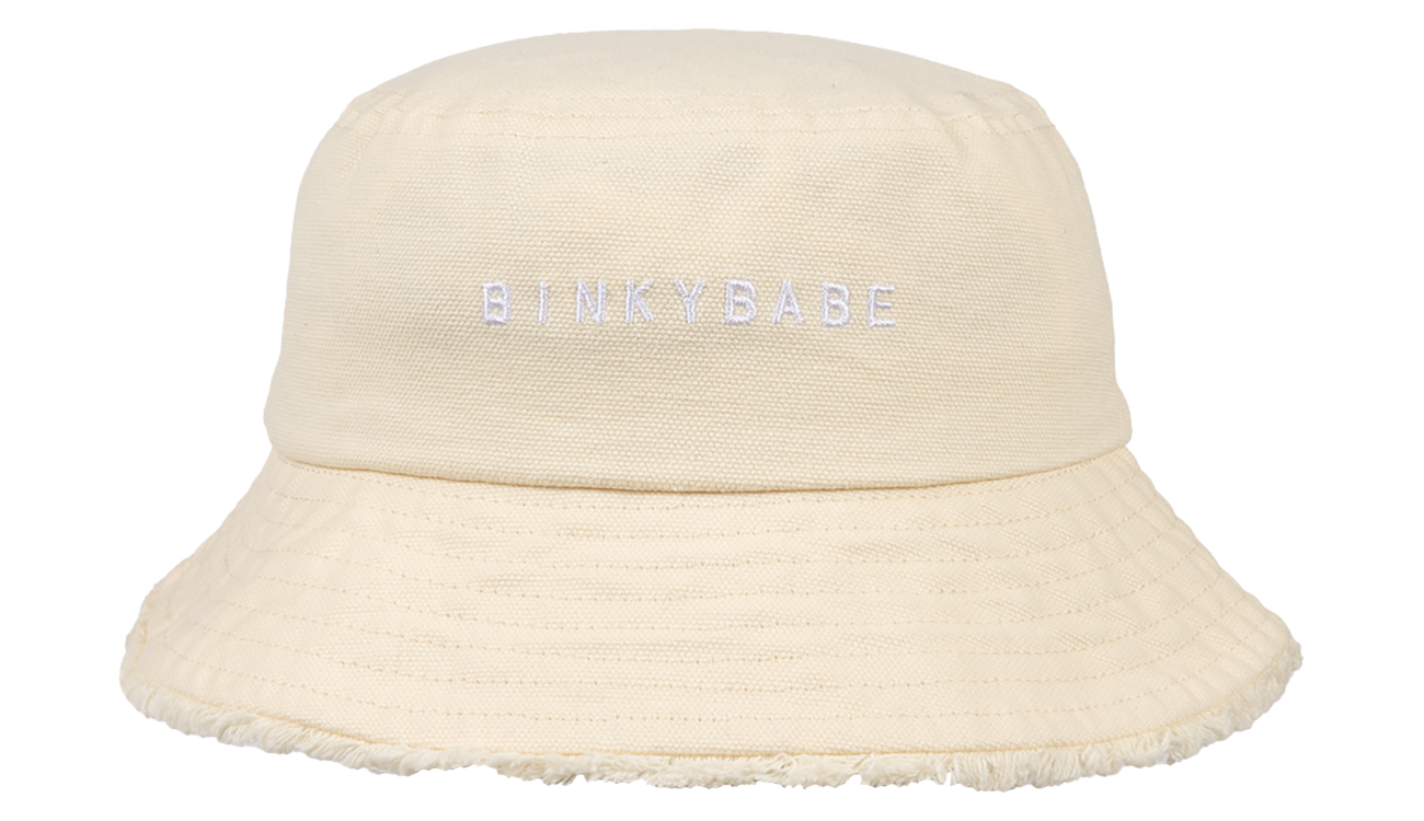 Light beige bucket hat with "BinkyBabe" embroidered in white, designed for infants and toddlers. Perfect for stylish sun protection.