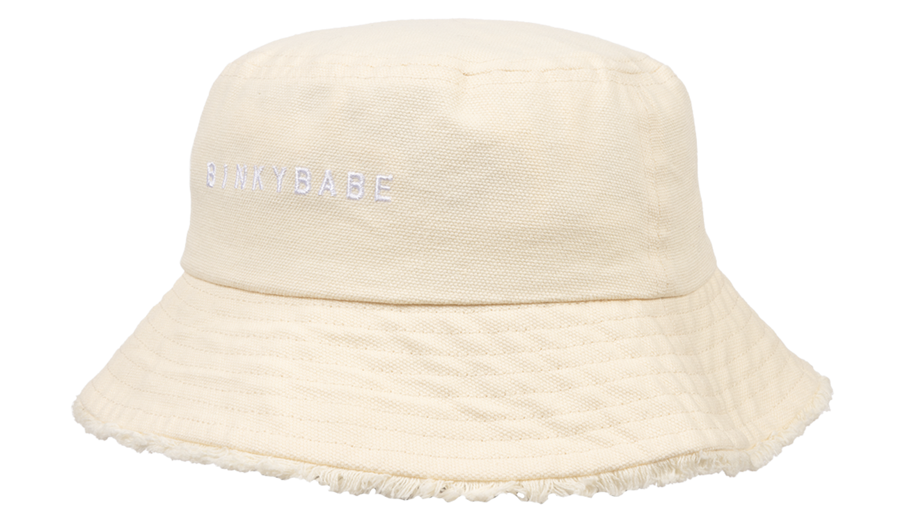 Stylish beige bucket hat with a textured finish and embroidered BinkyBabe logo, perfect for infants and toddlers.