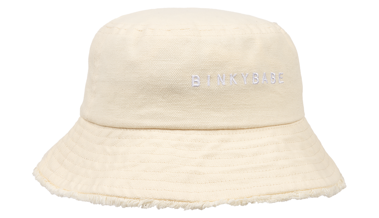 Light beige bucket hat with a frayed brim and embroidered BinkyBro logo, perfect for stylish sun protection for kids.
