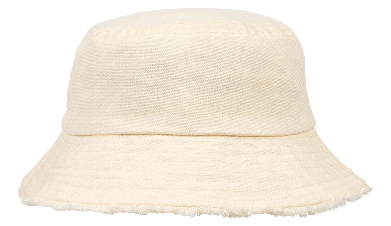 Cream-colored bucket hat with a frayed brim, designed for infants and toddlers, perfect for stylish sun protection.