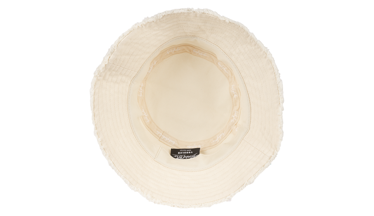 Stylish beige sun hat with a frayed brim, perfect for infants and toddlers, offering sun protection for outdoor adventures.