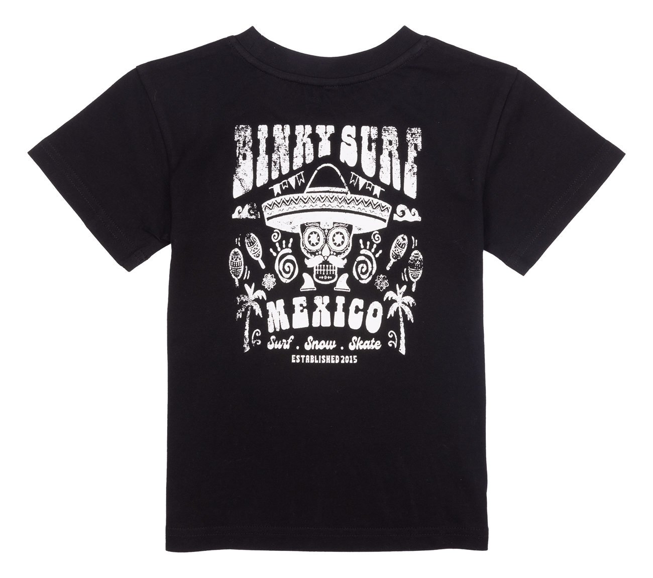 Black BNKY Surf Mexico t-shirt featuring a vibrant graphic with a skull, palm trees, and surf elements, perfect for kids.