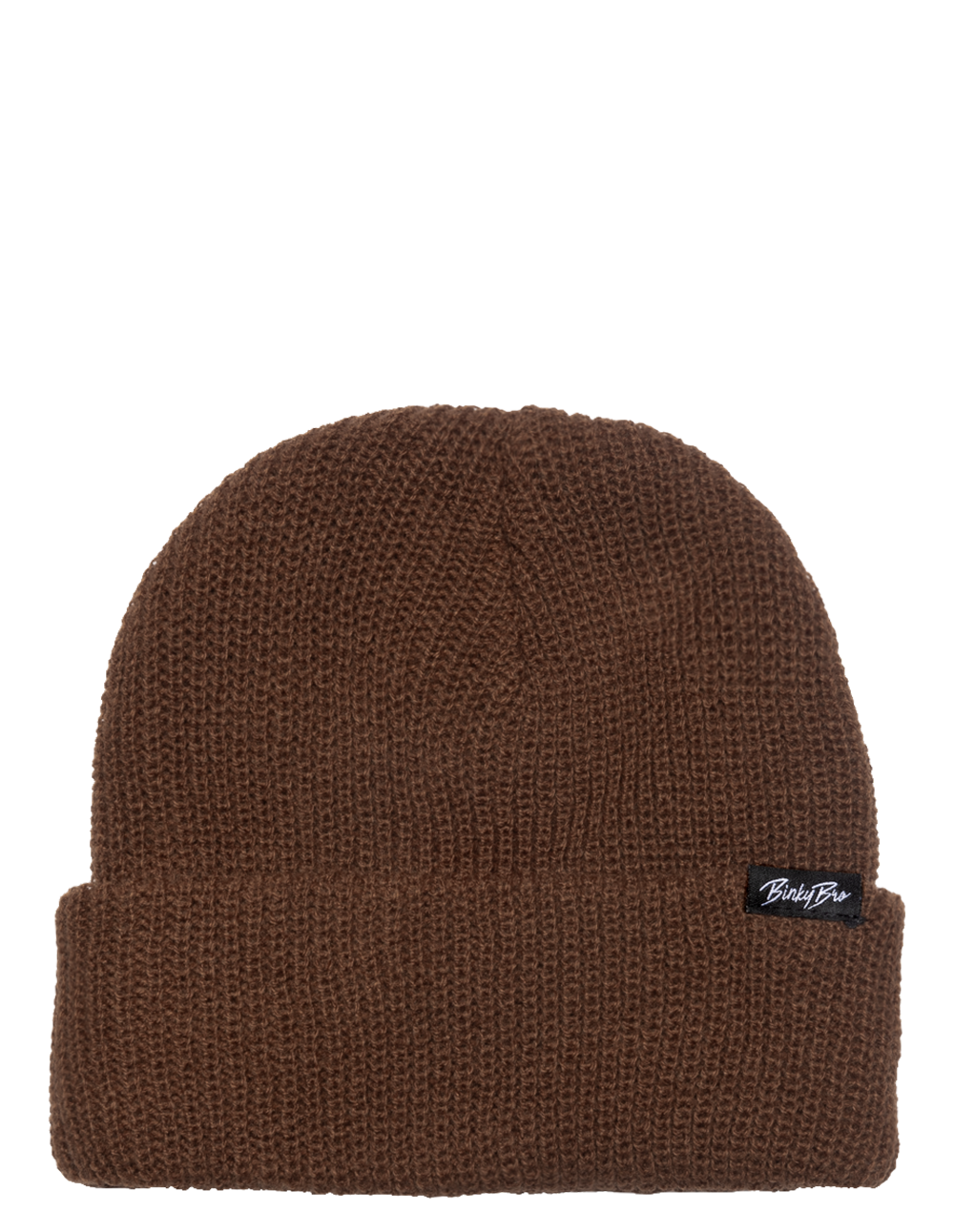 Cozy brown knit beanie with a folded cuff and BinkyBro logo, perfect for stylish infants and toddlers.