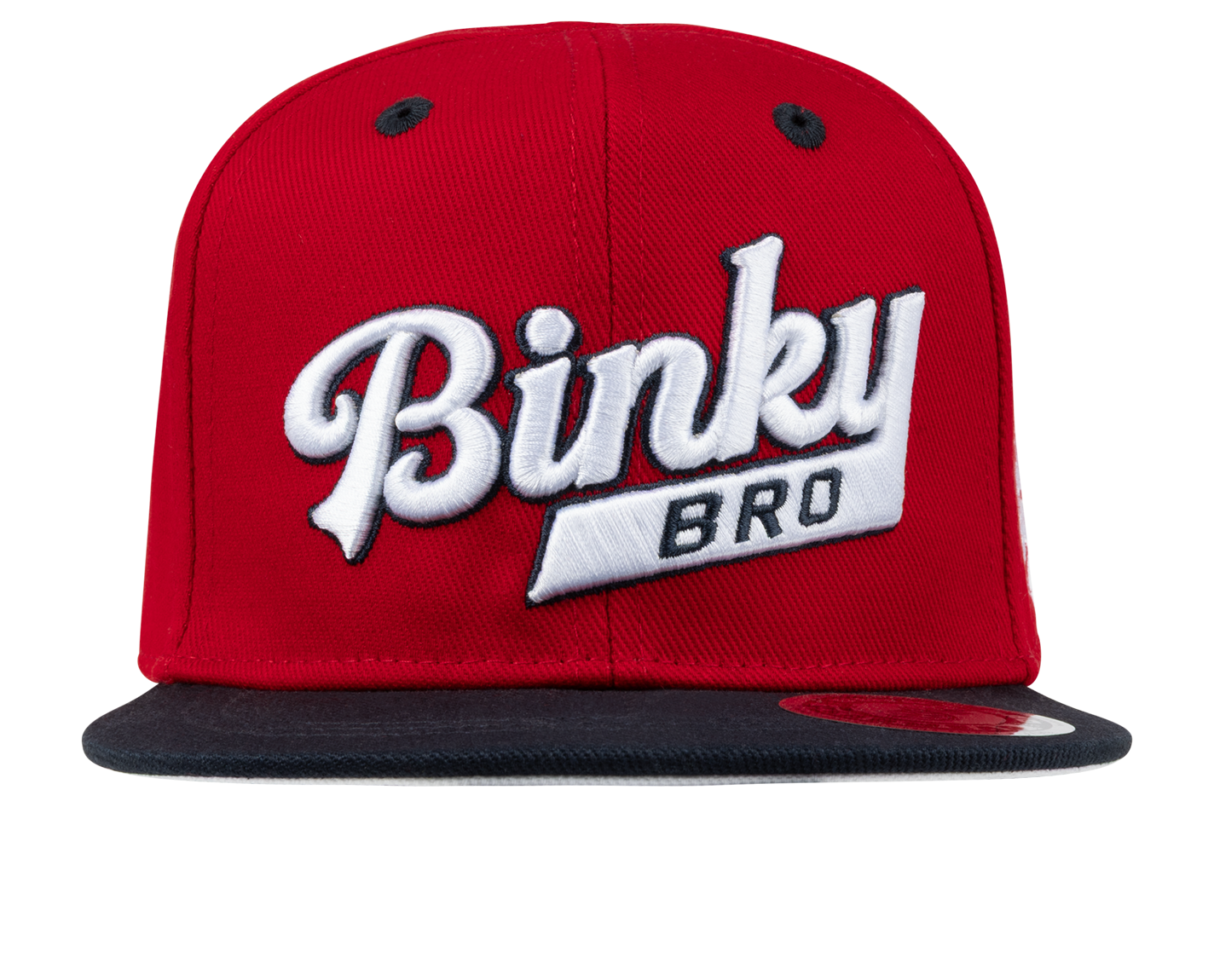 Red snapback hat with a black brim featuring the embroidered "Binky Bro" logo in white, designed for stylish kids.