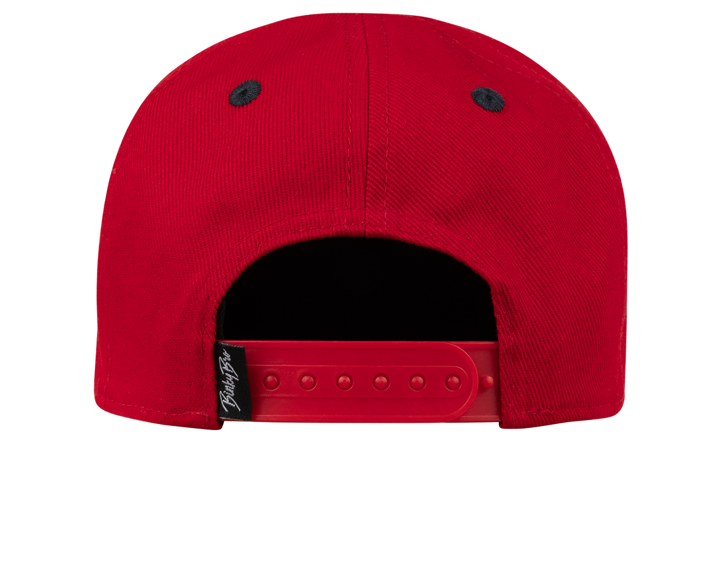 Red snapback hat featuring a classic design with an adjustable strap at the back for a comfortable fit.