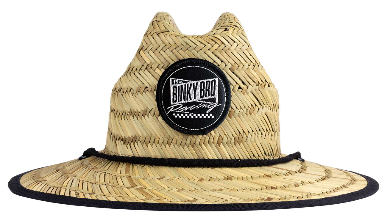 Stylish straw sun hat with a wide brim and a black Binky Bro Racing logo, perfect for kids' outdoor adventures.