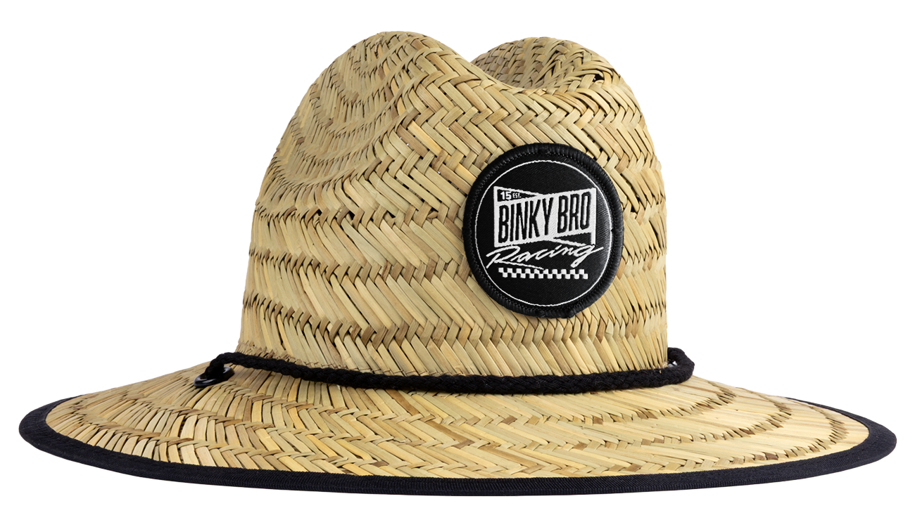 Stylish straw sun hat with a wide brim and Binky Bro Racing logo, perfect for outdoor adventures. Ideal for kids.