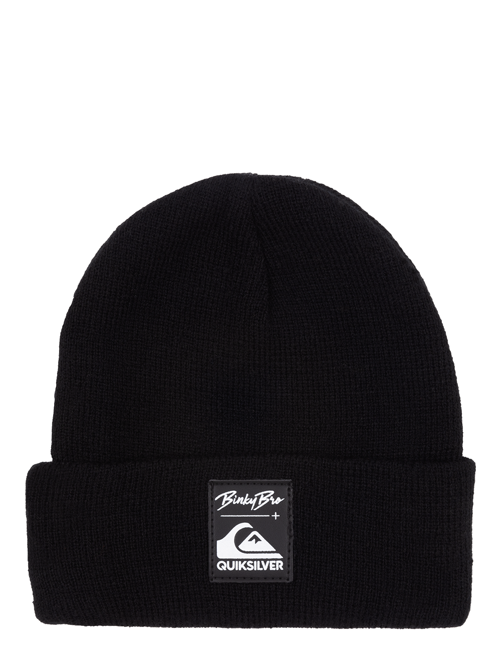 Black knit beanie featuring a BinkyBro and Quiksilver logo patch, perfect for stylish warmth in any season.