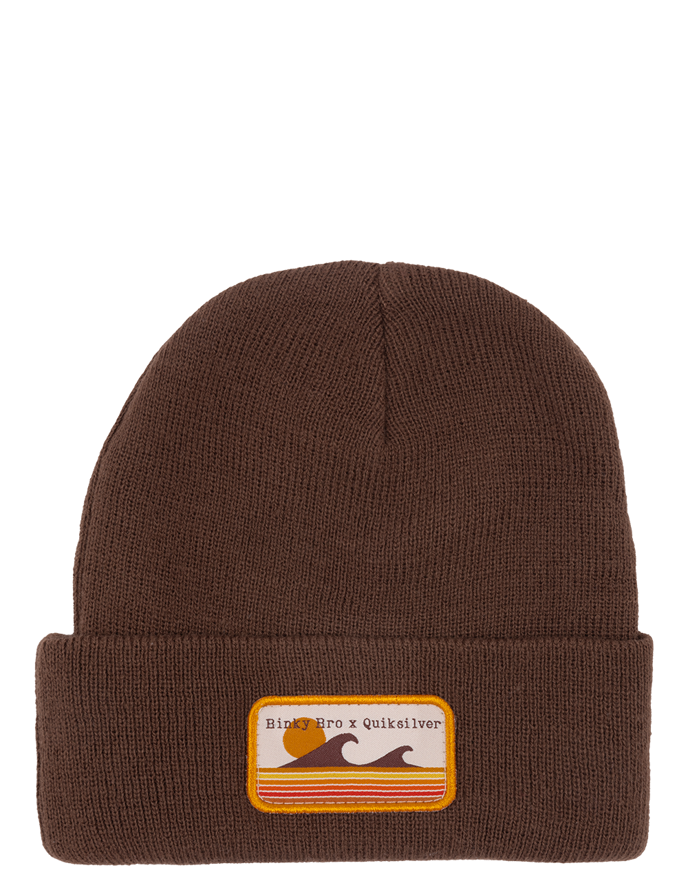Brown knit beanie featuring a retro wave patch, designed for stylish infants and toddlers by BinkyBro and Quiksilver.