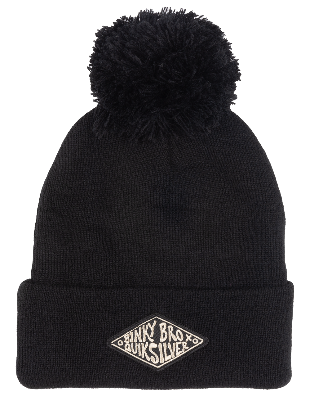 Black knit beanie with a large pom-pom on top and a white logo patch featuring "Binky Bro Quiksilver.
