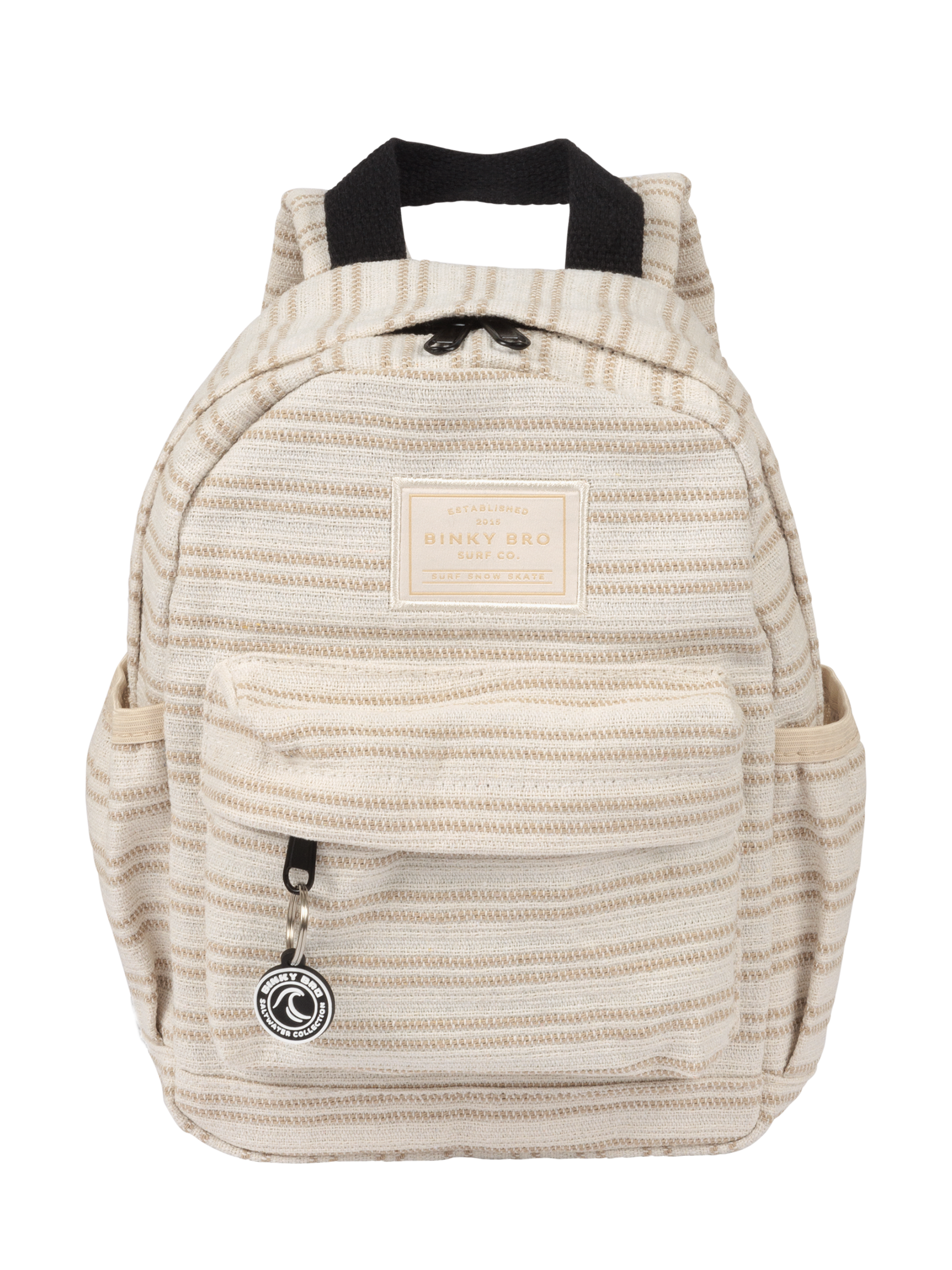 Beige canvas backpack with a striped pattern, featuring a front pocket and adjustable straps for kids.