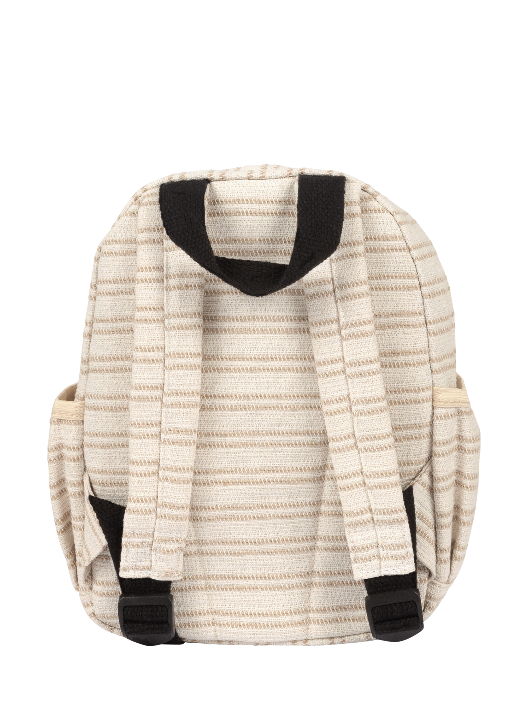 Beige canvas backpack with striped design and black straps, ideal for kids' everyday adventures.