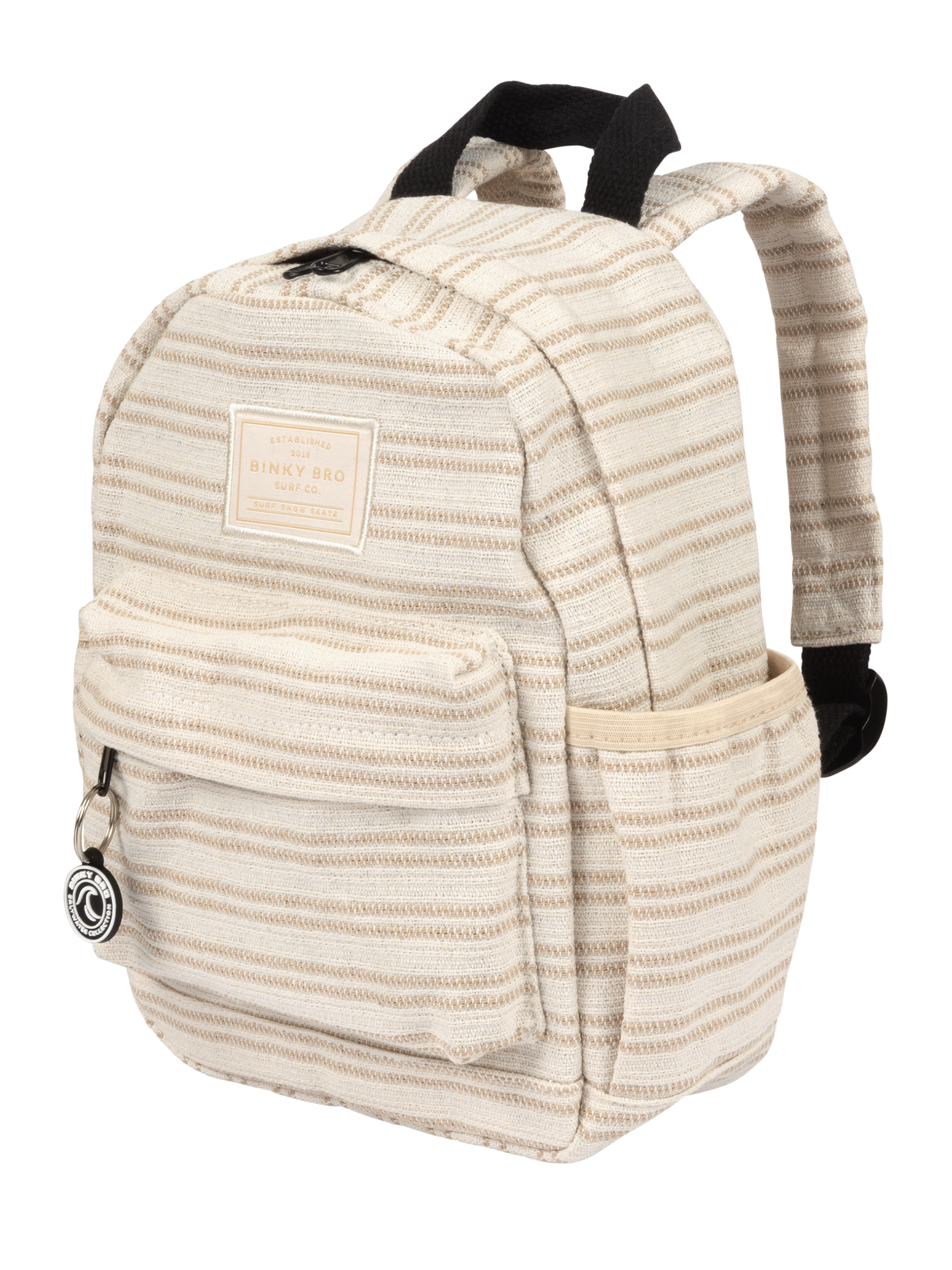 Beige canvas backpack with striped pattern, featuring adjustable straps and front pocket, ideal for kids' everyday use.