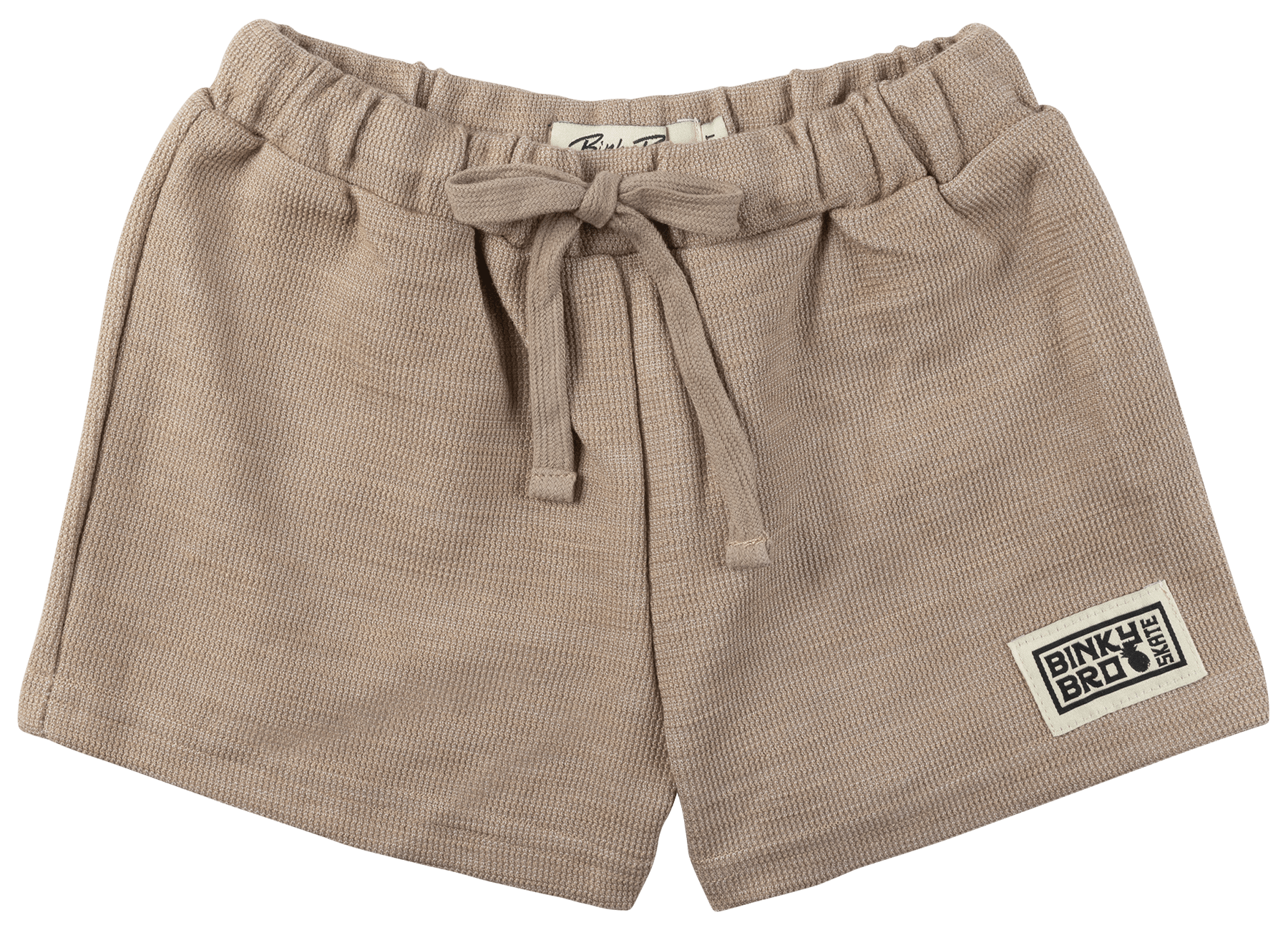 Bodee Solid Sand shorts in a soft beige color with an elastic waistband and a front tie, featuring a BinkyBro logo patch.