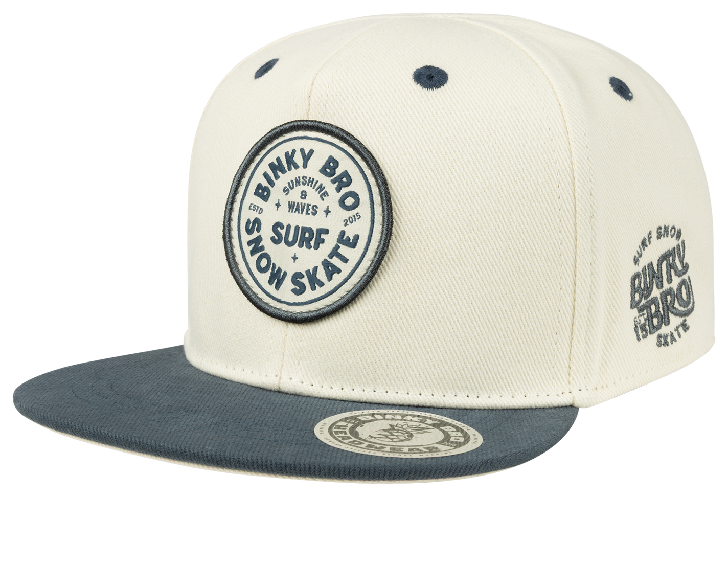 Stylish cream and navy snapback cap featuring BinkyBro logo, perfect for infants and toddlers embracing surf and skate culture.