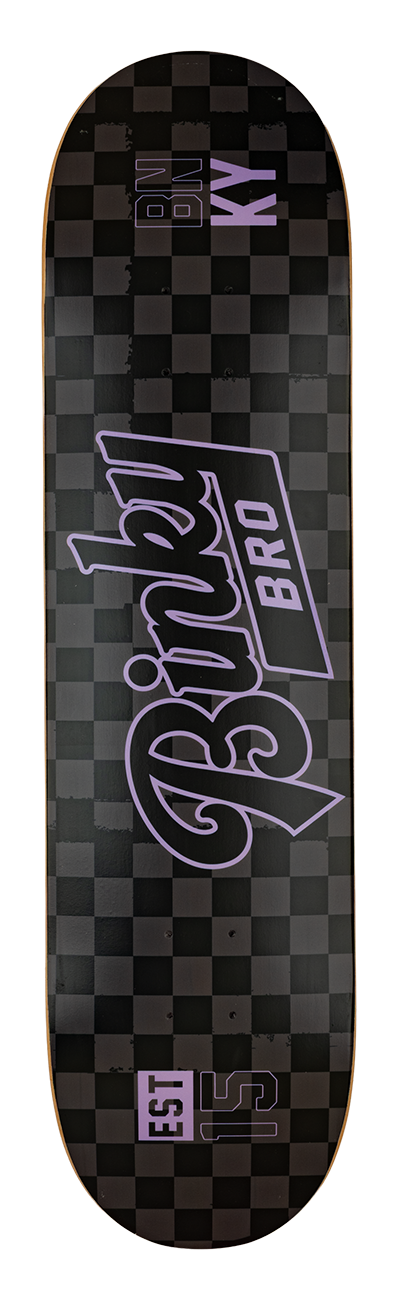 Black and purple checkerboard skateboard deck featuring bold "BinkyBro" logo and established year, designed for stylish youth.