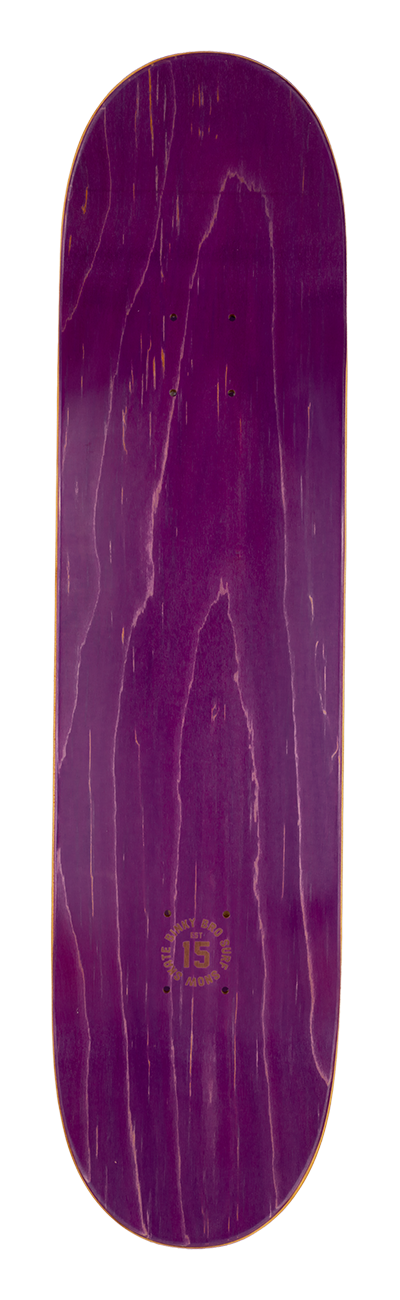 Purple skateboard deck with a smooth finish and a minimalist design, featuring the brand logo at the bottom.