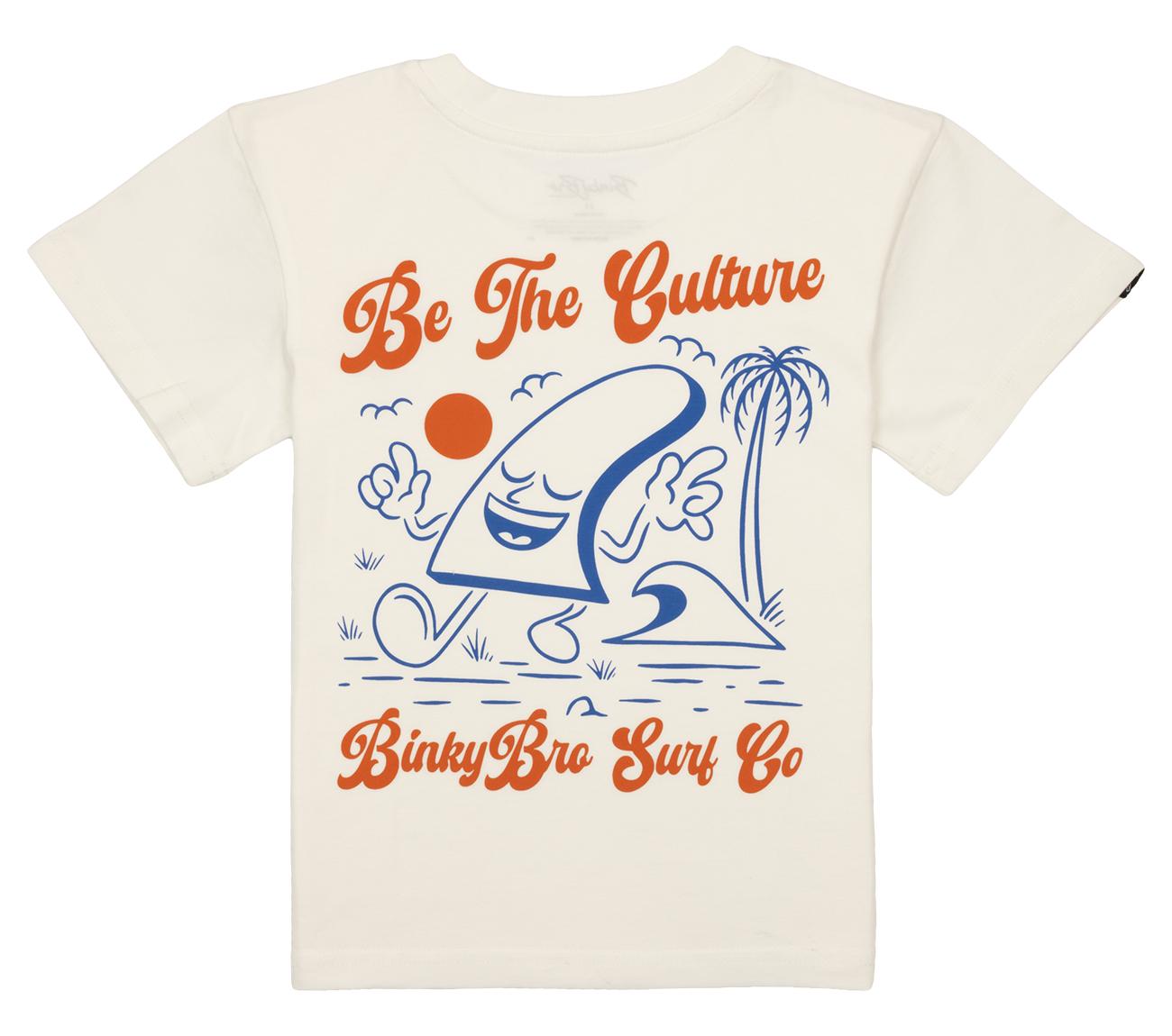 Cream-colored youth t-shirt featuring a playful graphic with a smiling wave, palm tree, and the text "Be The Culture.