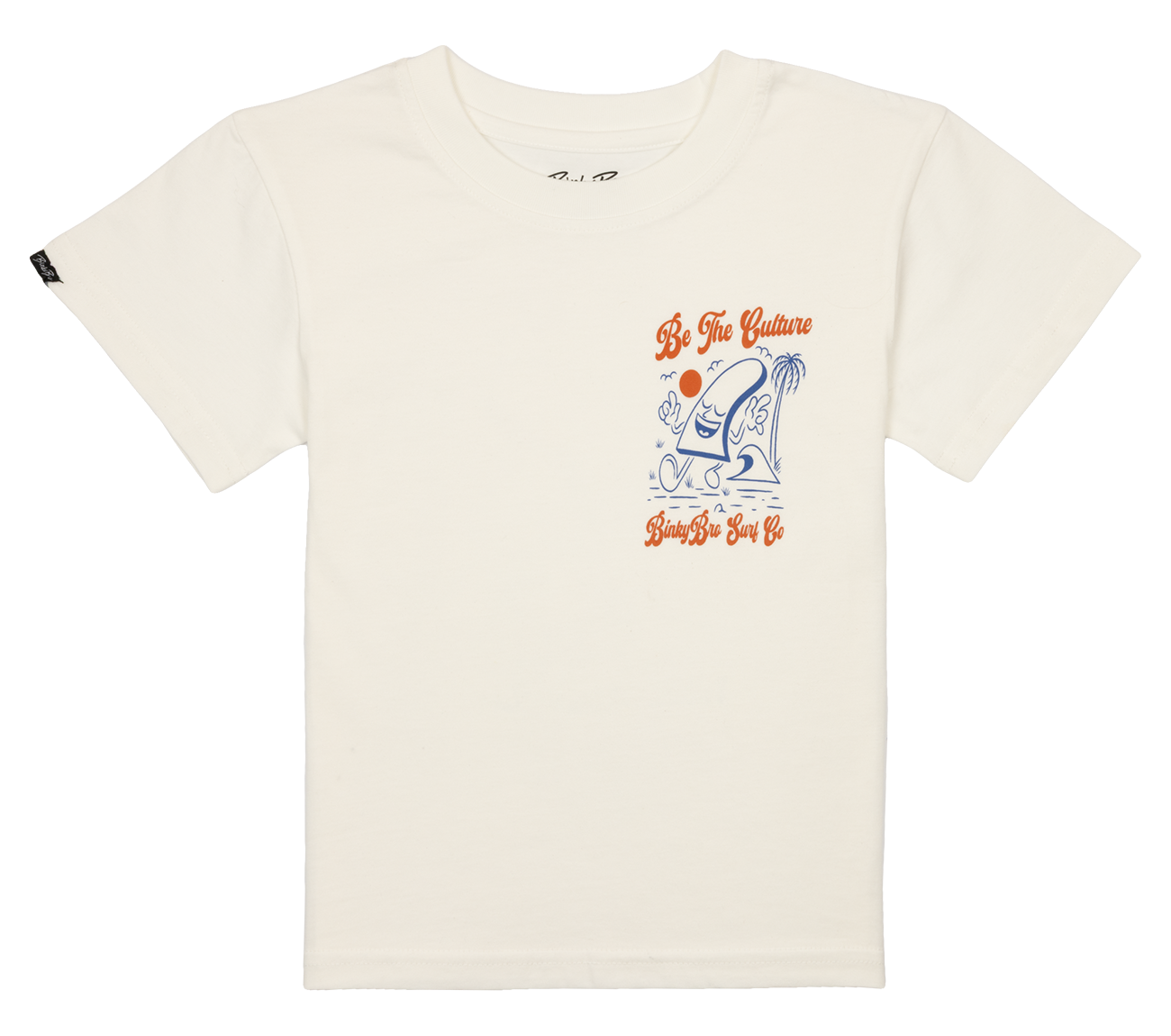Cream-colored youth t-shirt featuring a vibrant graphic that reads "Be the Culture" with playful designs, perfect for stylish kids.
