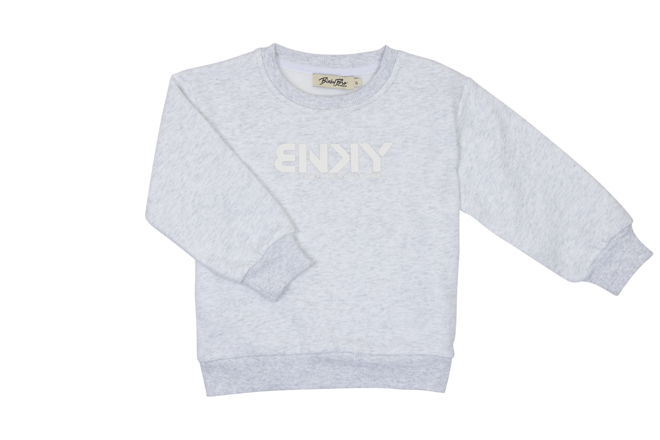 Light gray sweatshirt for kids featuring a bold white graphic design, perfect for stylish and active youth.