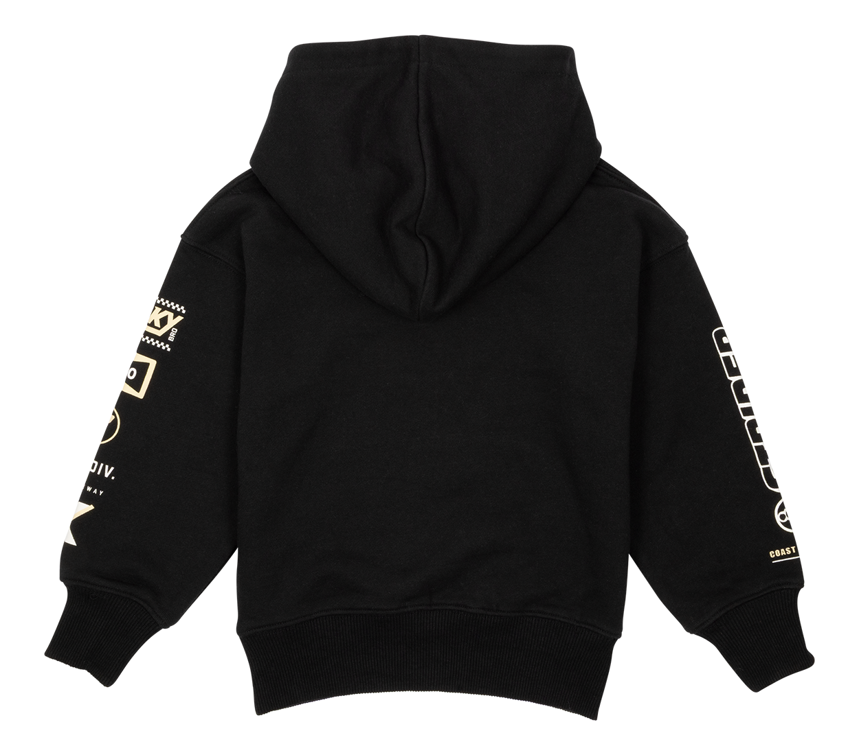 Black BinkyBro Racing Hood featuring bold graphics on the sleeves, designed for infants and toddlers.