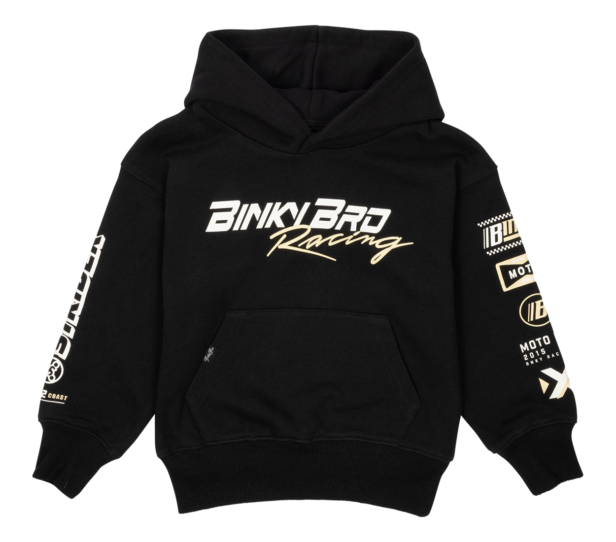 Black BinkyBro Racing Hood featuring bold white graphics and a front pocket, designed for stylish comfort in kids' apparel.
