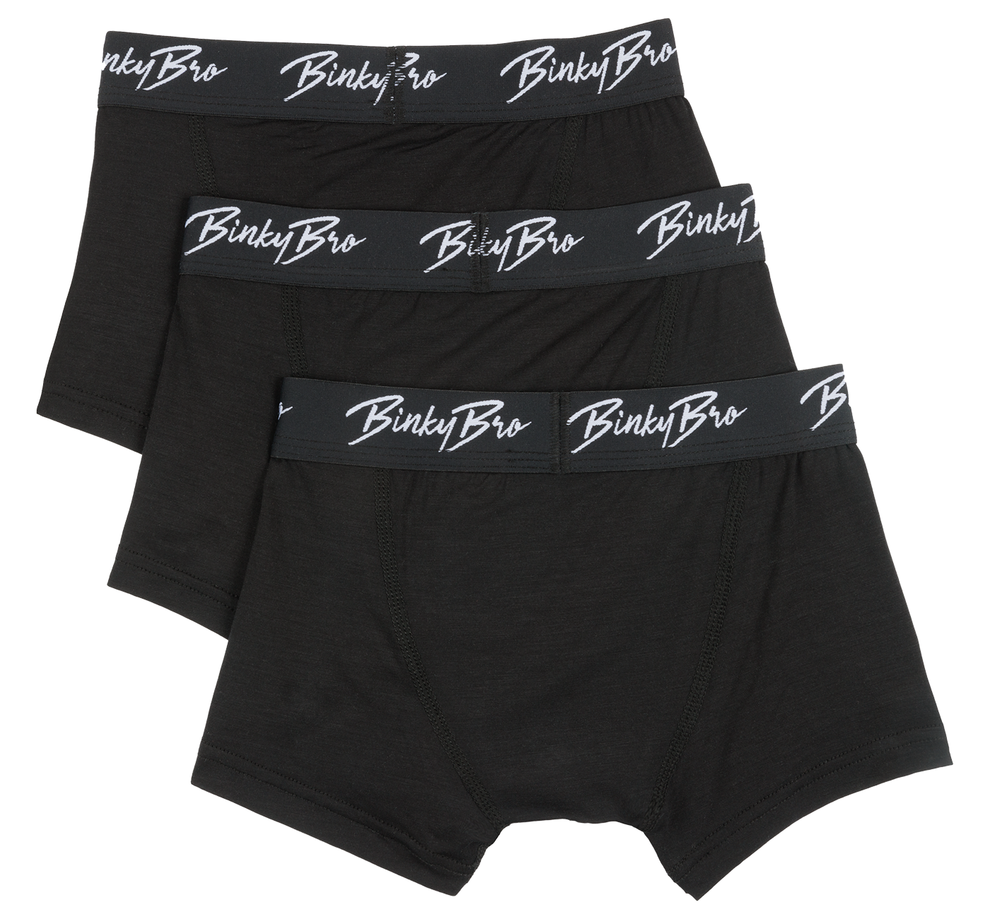 Three pairs of black briefs featuring a comfortable waistband with the BinkyBro logo, designed for kids.