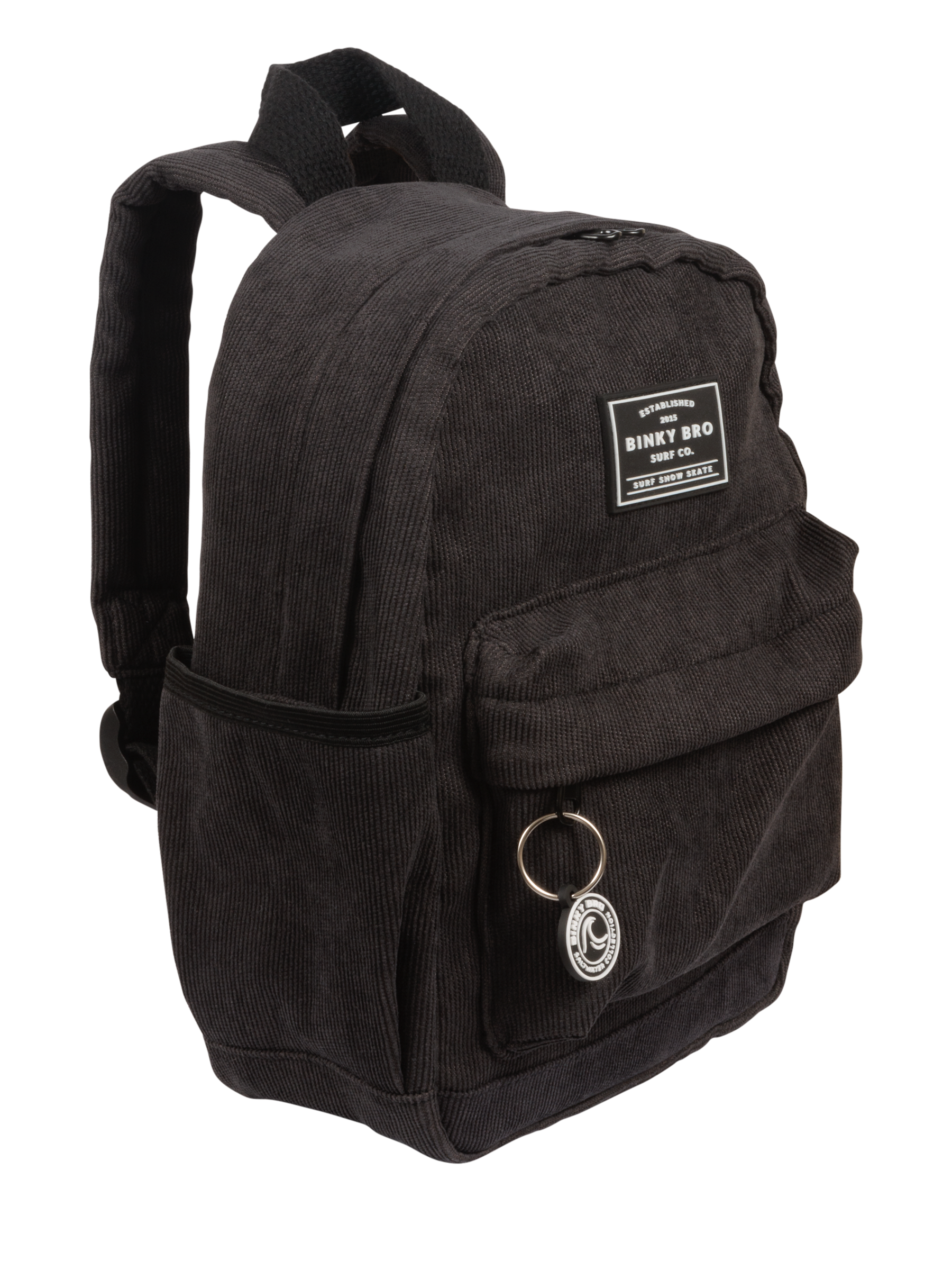 Stylish charcoal cord backpack with a front pocket and keychain loop, perfect for kids on the go. Ideal for everyday adventures.