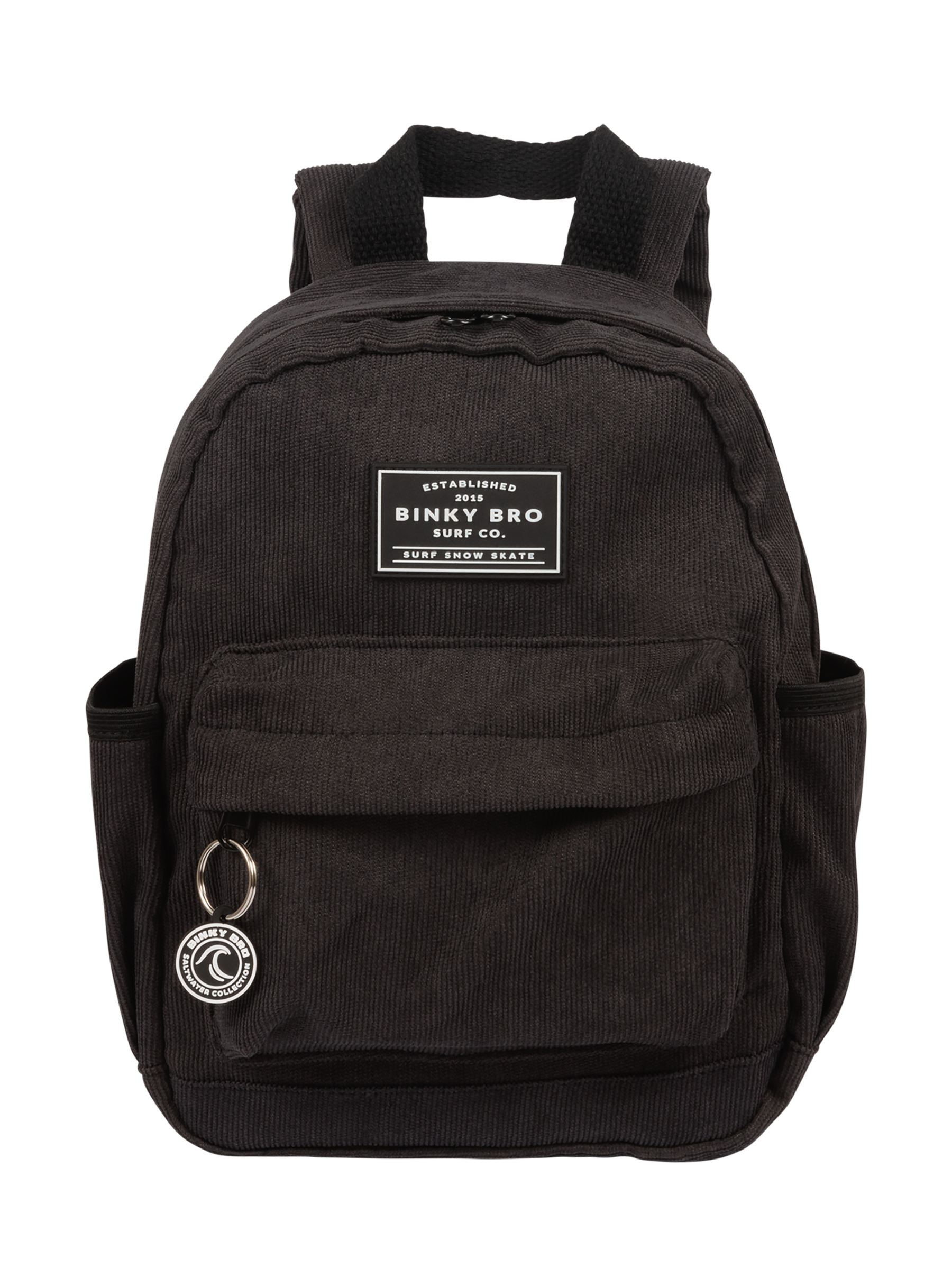 Stylish charcoal cord backpack with front pocket and logo patch, perfect for kids' everyday adventures.