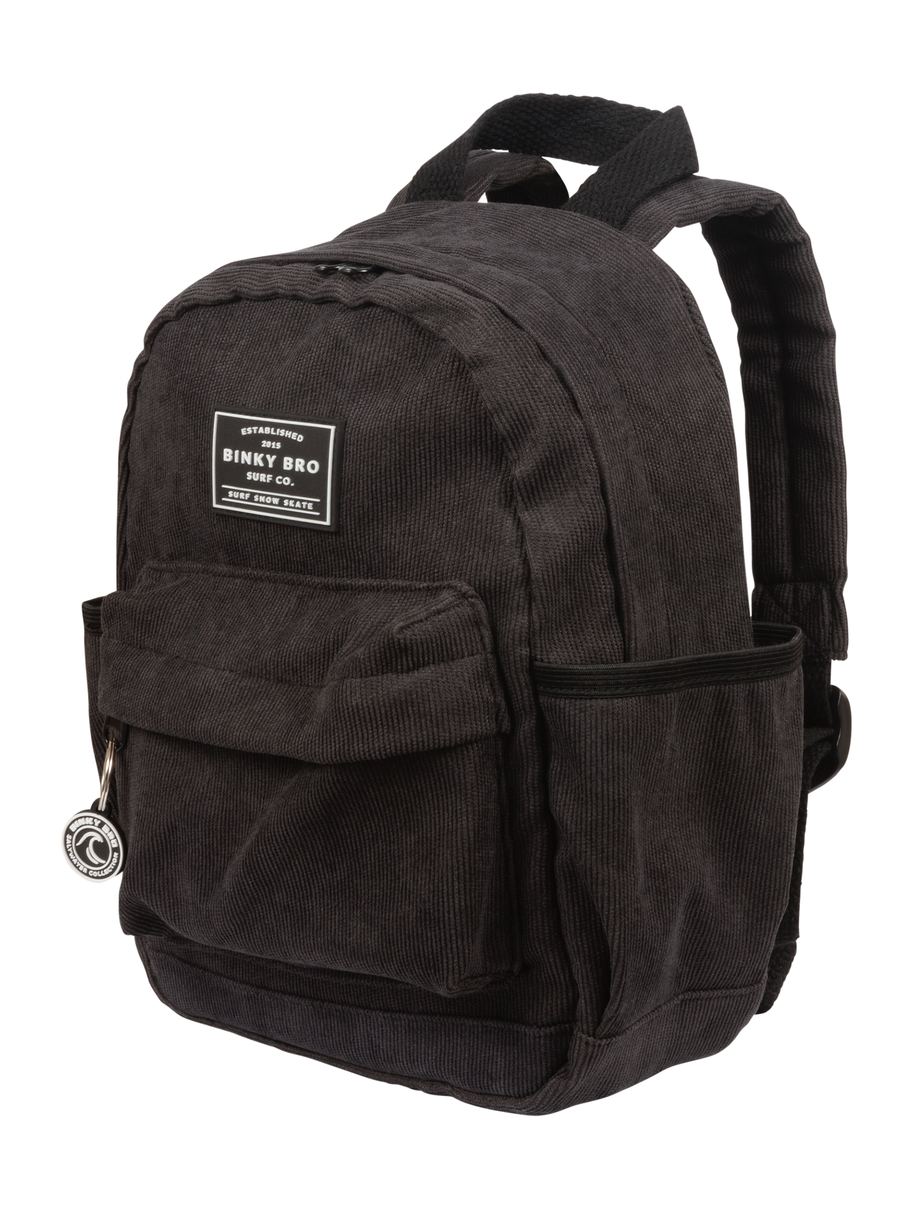 Stylish charcoal cord backpack featuring a front pocket and adjustable straps, perfect for kids on the go.