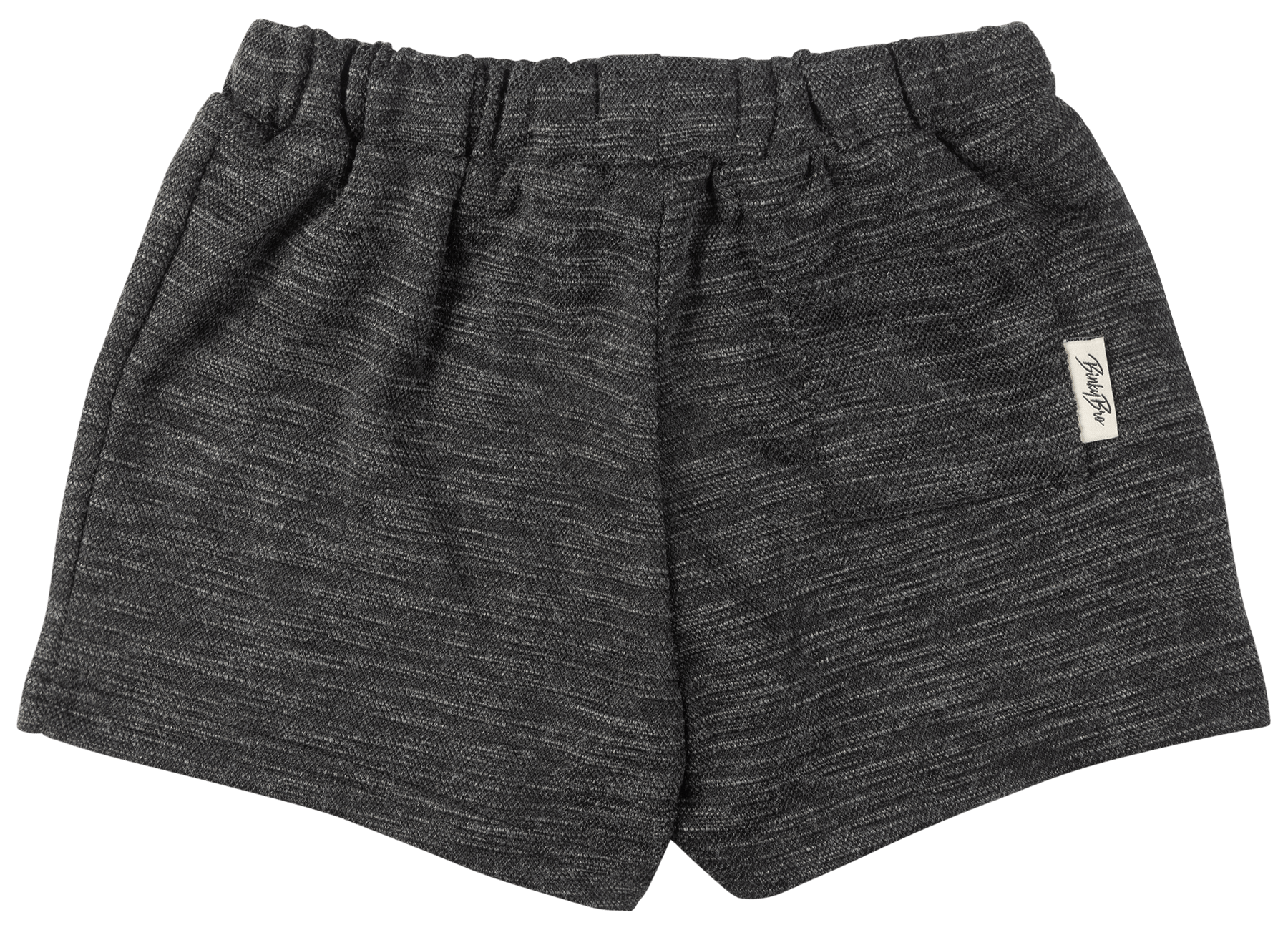 Soft, solid coal-colored toddler shorts with an elastic waistband and a small brand label on the side.