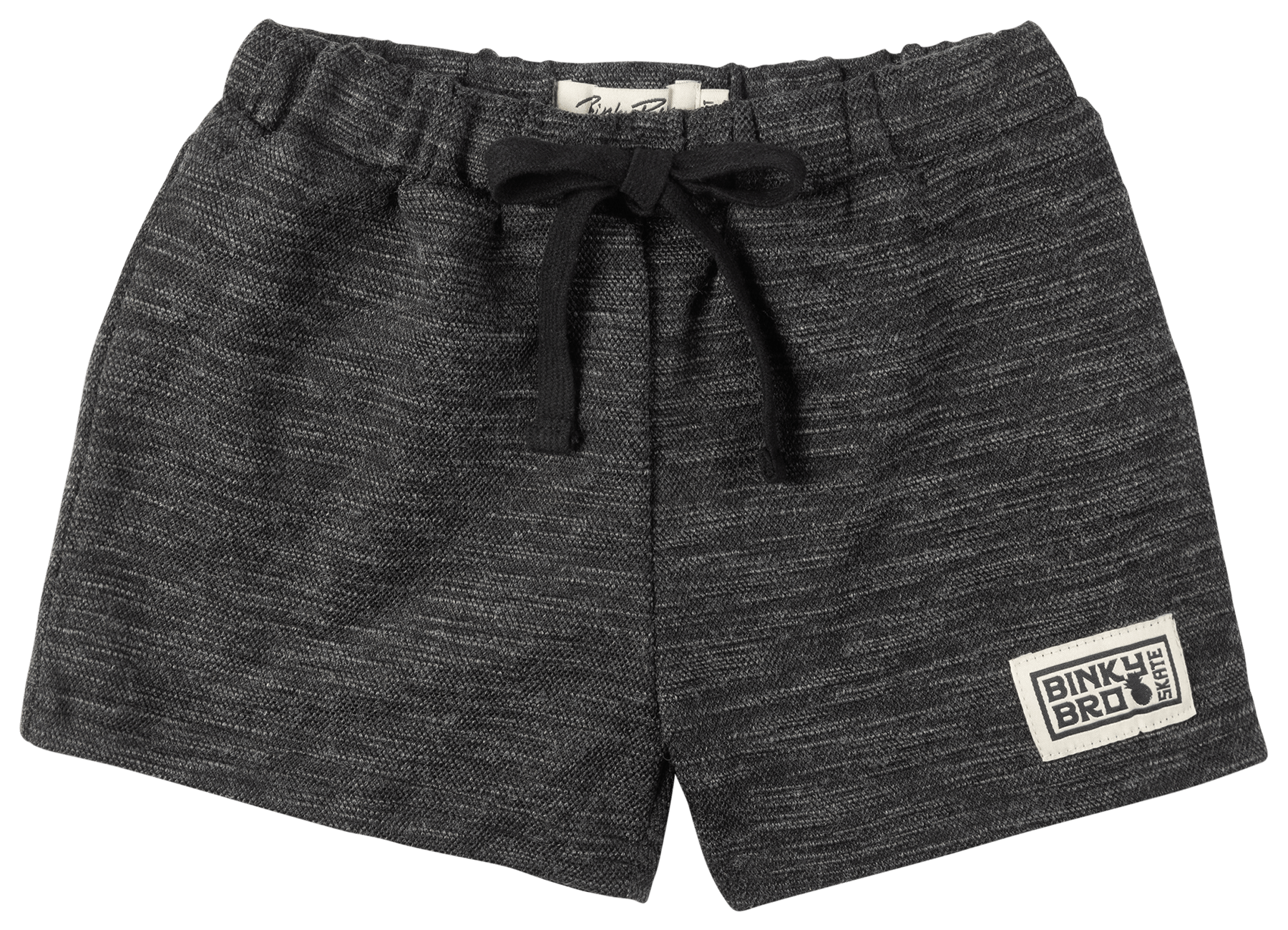Stylish black shorts with a drawstring waist and BinkyBro logo patch, perfect for infants and toddlers.