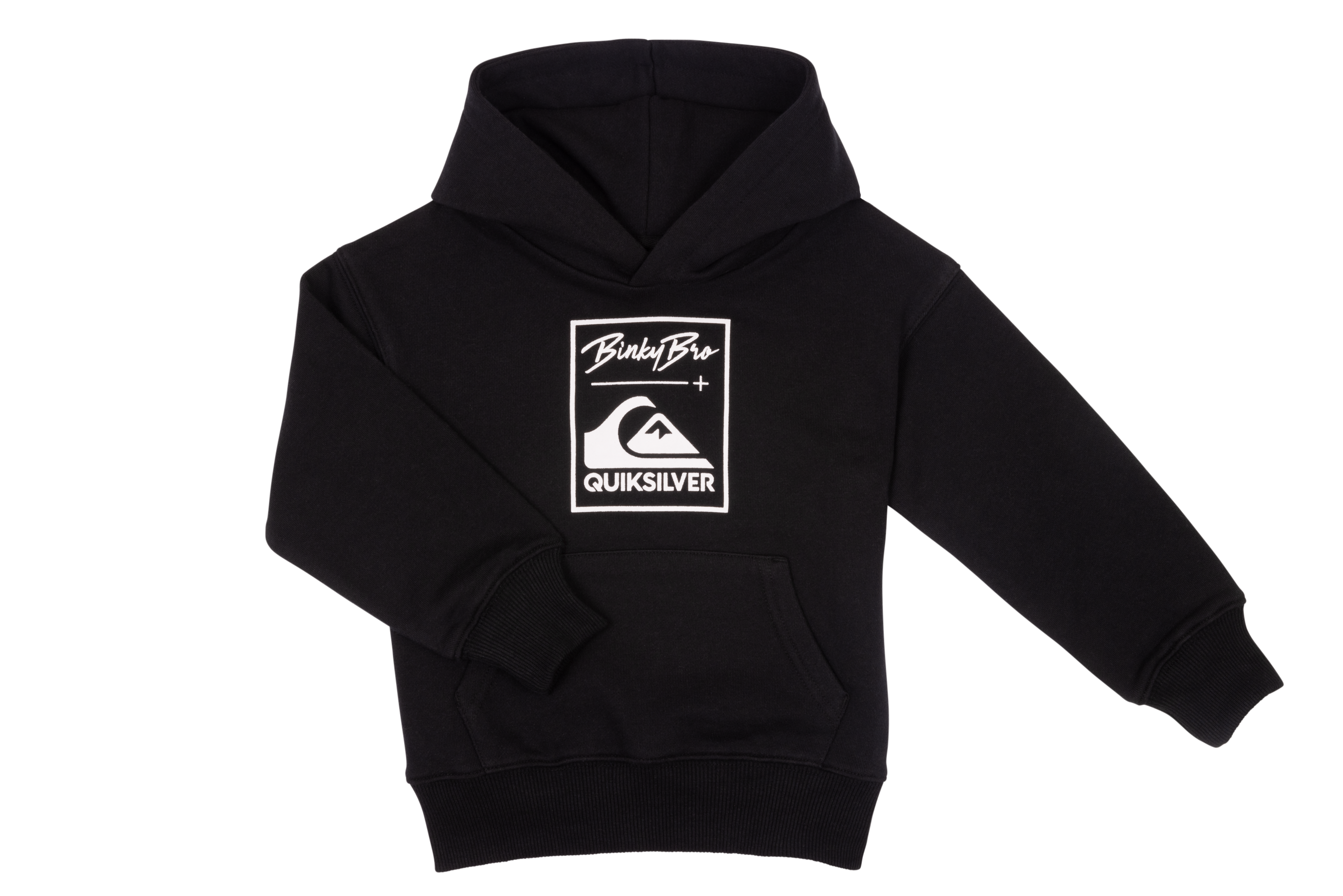 Classic black hoodie featuring BinkyBro and Quiksilver logos, designed for infants and toddlers with a stylish, casual look.