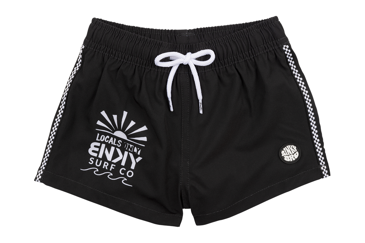 Stylish black swim shorts for kids featuring a sun graphic and logo, perfect for beach or pool days.