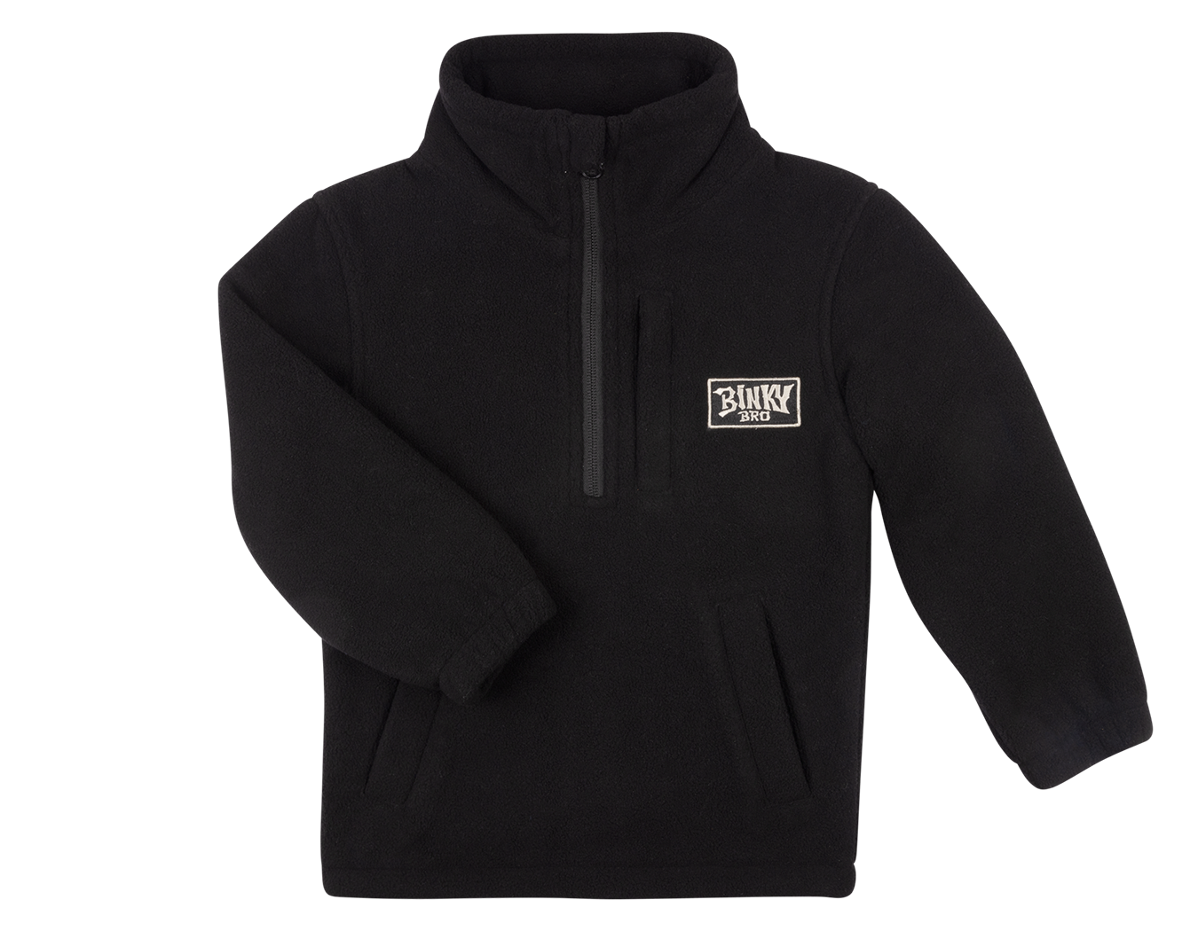Cozy black fleece pullover with a quarter zip and front pockets, featuring the BinkyBro logo for kids.