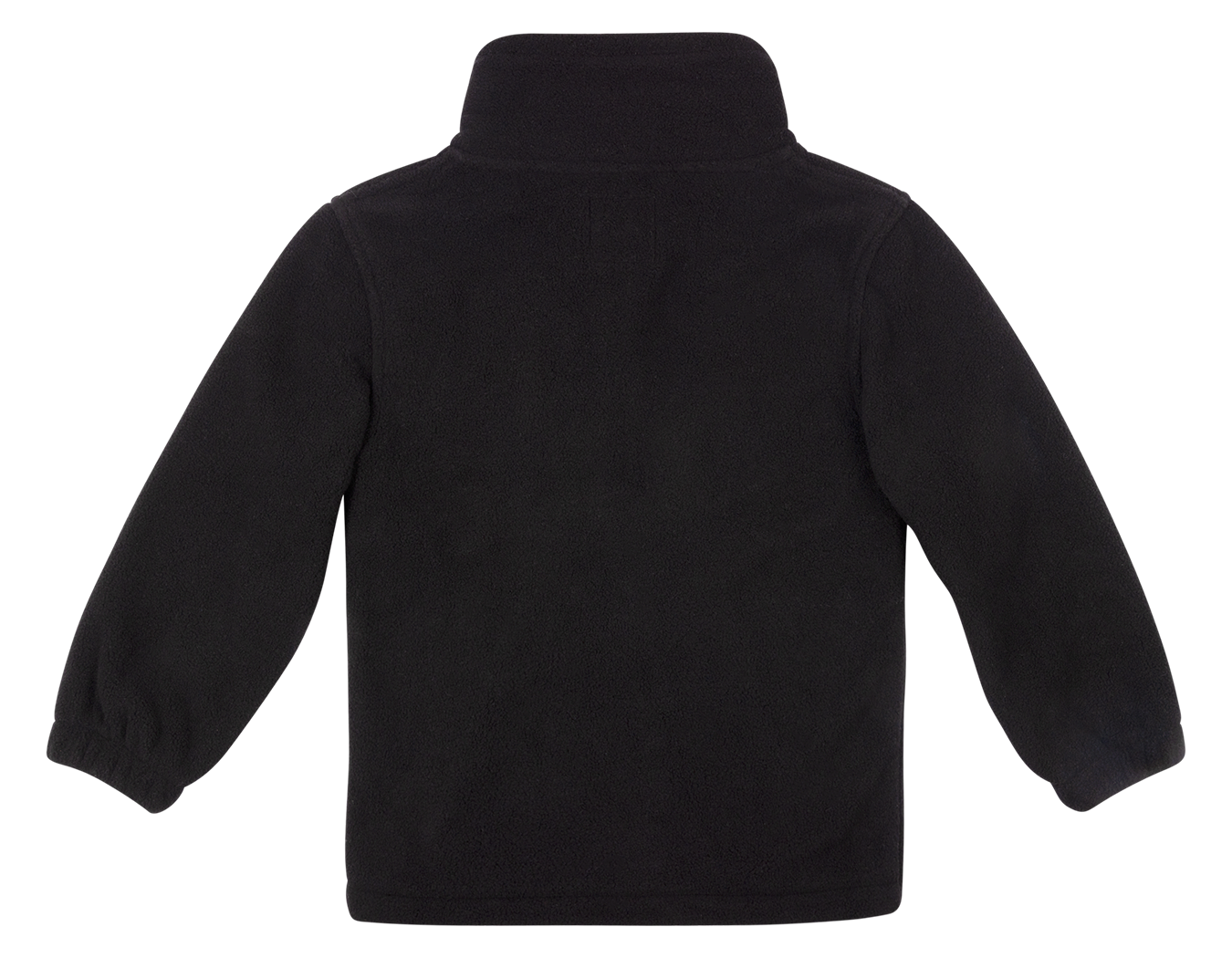 Back view of a black fleece jacket with a high collar and elasticized cuffs, designed for comfort and warmth.