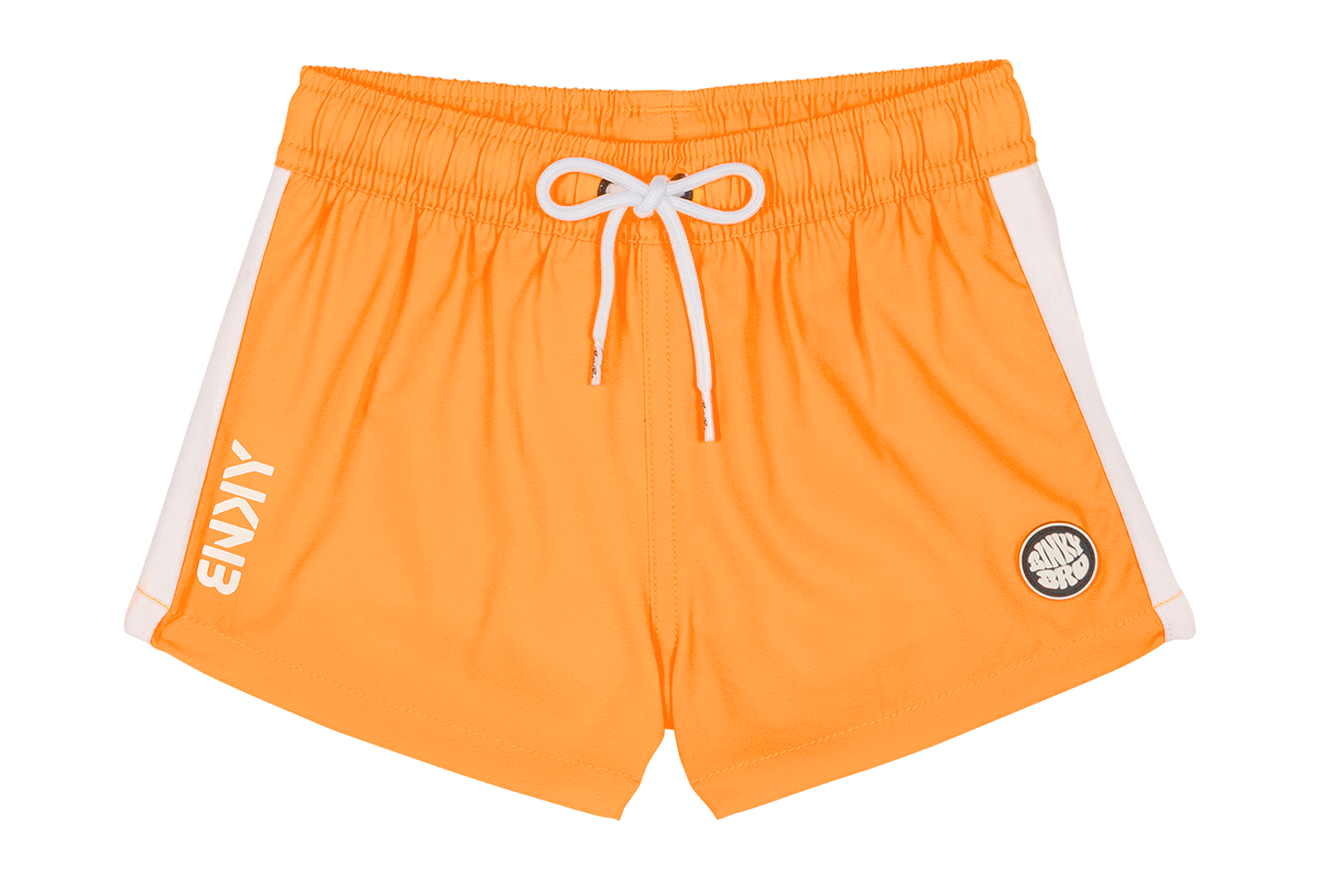Bright orange swim shorts featuring a drawstring waist and white side stripes, perfect for active kids.