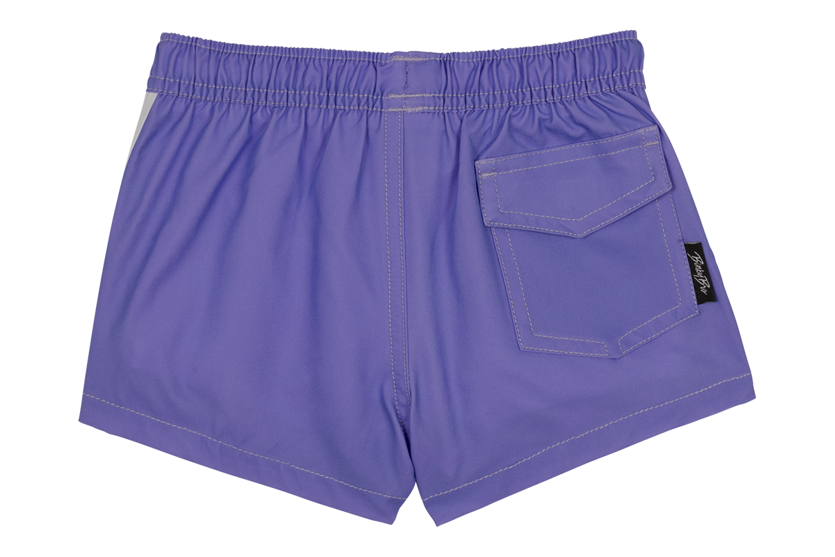 Stylish purple swim shorts with an elastic waistband and a back pocket, perfect for kids' summer adventures.
