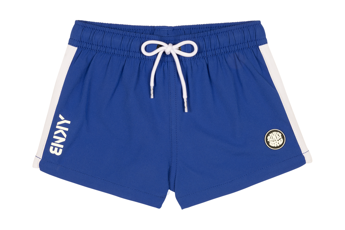 Blue swim shorts featuring a white drawstring and side panels, with "ENVIY" logo and a circular patch. Ideal for active youth.