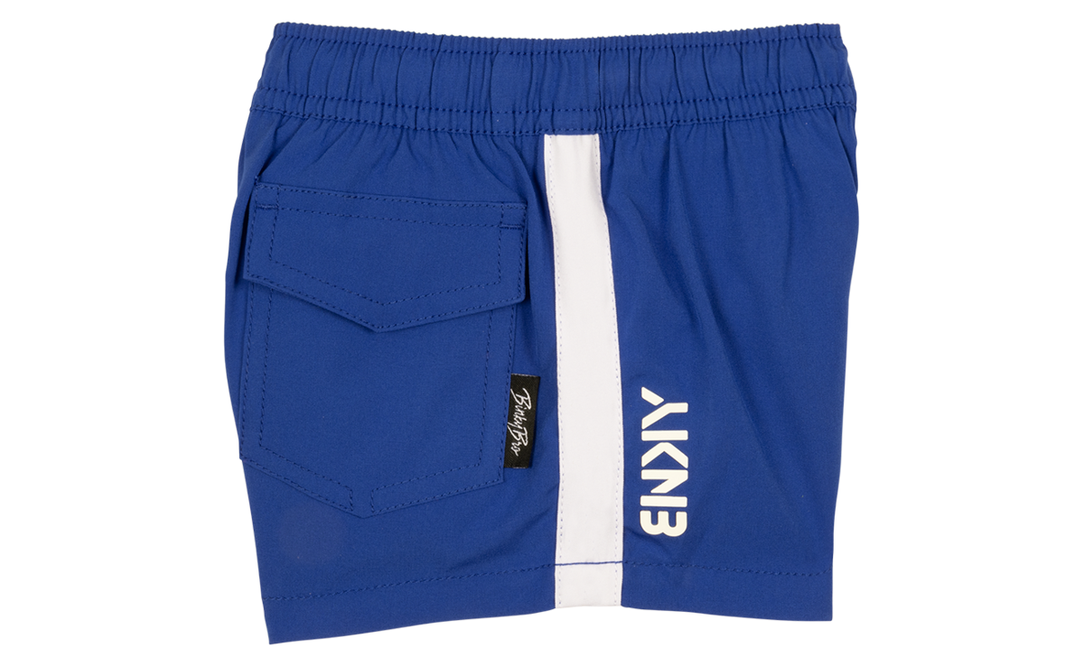 Blue toddler swim shorts featuring a side pocket and white stripe detail, perfect for active summer adventures.
