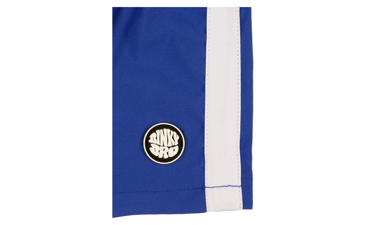 Blue shorts with white stripes featuring a round BinkyBro logo patch on the side, designed for active kids.