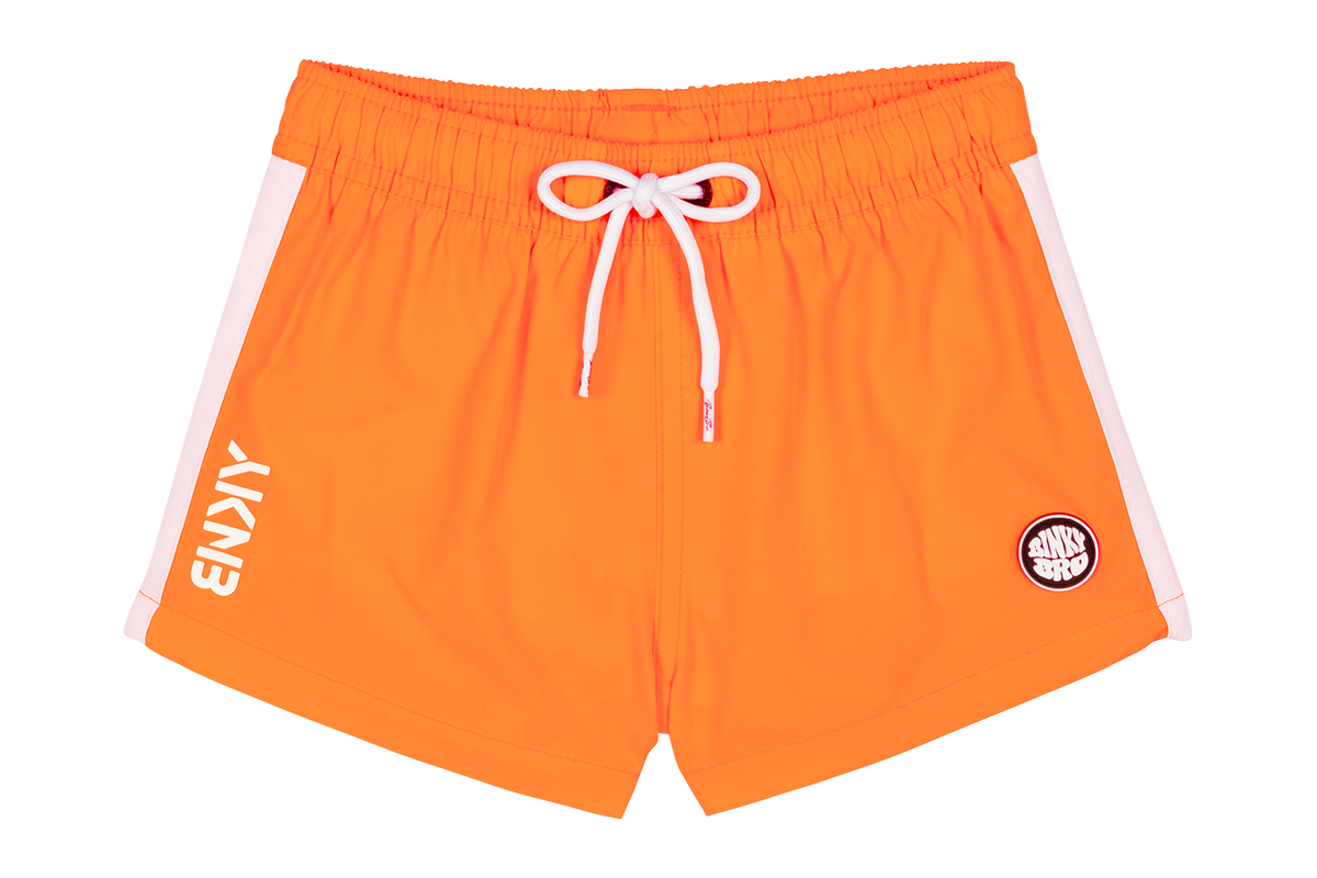 Bright orange swim shorts with white side panels and a drawstring waist, featuring the word "ENJY" and a logo patch.
