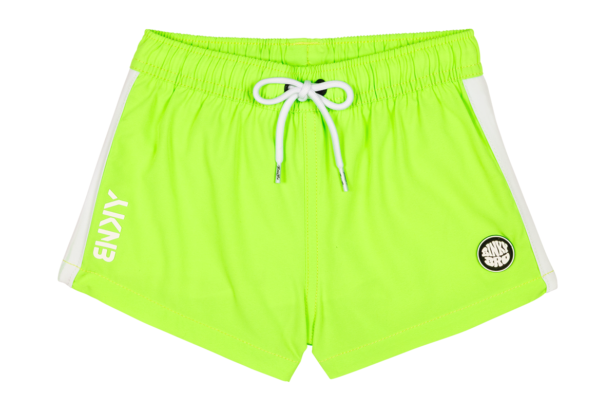Bright neon green swim shorts featuring a drawstring waist and white side panels, perfect for active kids.