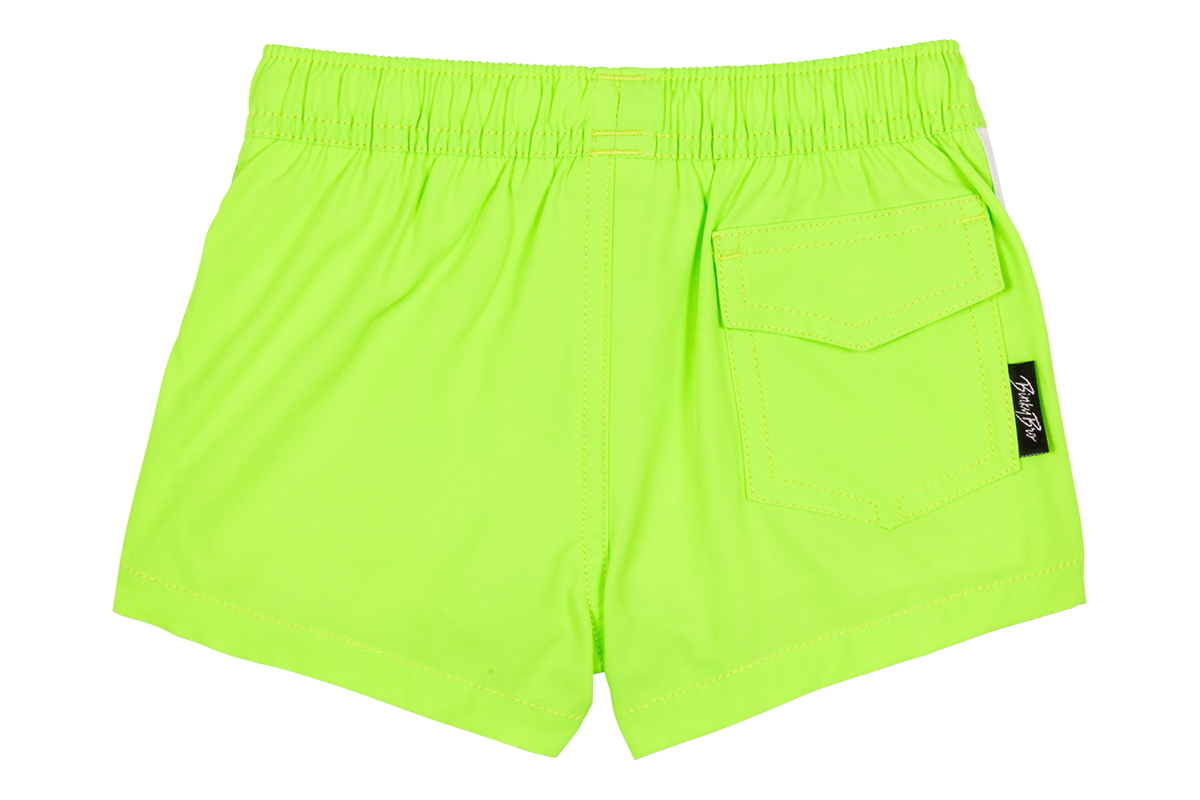 Bright neon green shorts featuring an elastic waistband and a back pocket, designed for active kids. Perfect for summer fun.